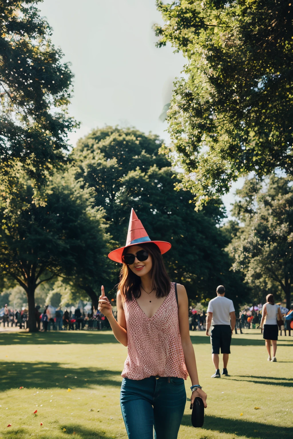 An arafi woman walking in the park wearing a hat and sunglasses, wearing witch hat, red dress and magic witch hat, Put on a party hat, Wearing a wizard's hat, People at the music festival, pointy conical hat, Pointed witch hat, park in background, wearing sunglasses and a hat, Wearing a chocker and a cute hat