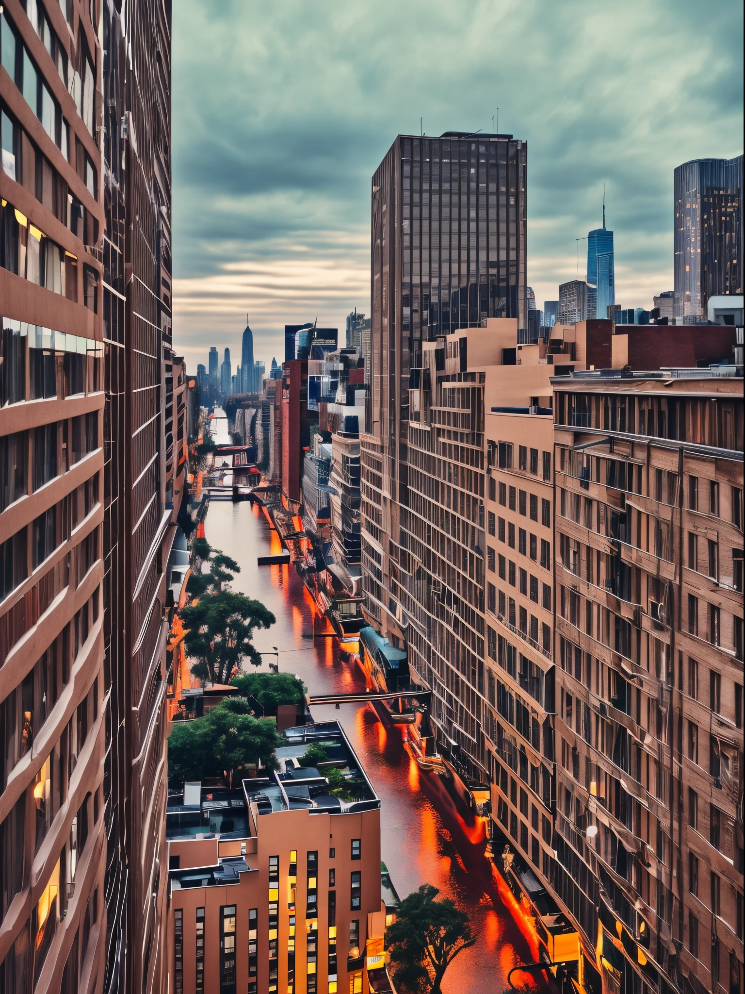 arafed view of a city from a bedroom with a bed and a window, rooftop romantic, rainy evening, cozy atmospheric, rainy afternoon, cozy room, cozy place, by Evgeny Lushpin, rainy night, romantic atmosphere, cozy setting, rainy city at night, city at night in the rain, romantic ambiente, dreamy and romantic, new york city , realistic, 35mm, f22, cinematic --auto --s2