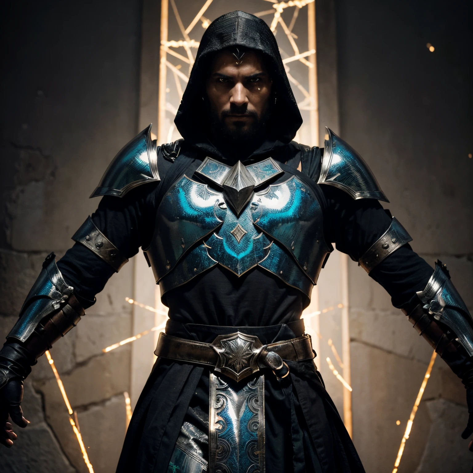 He wears a formidable looking ensemble crafted from various metal that glow with the vague shimmer of enchantment. The armor he wears appears to resemble ancient cermemonial armors but with a contemportary twist. The armors plating  sleek and angular, adorned with intricate patters of fire, and stars. Each piece  engraved with geometric designs that seem to radiate heat, and  a strange pressure with every word he speaks the engravings come to life, shimmering like hot coals. Make him scary looking. Make his armor black. Make him have a large sword.