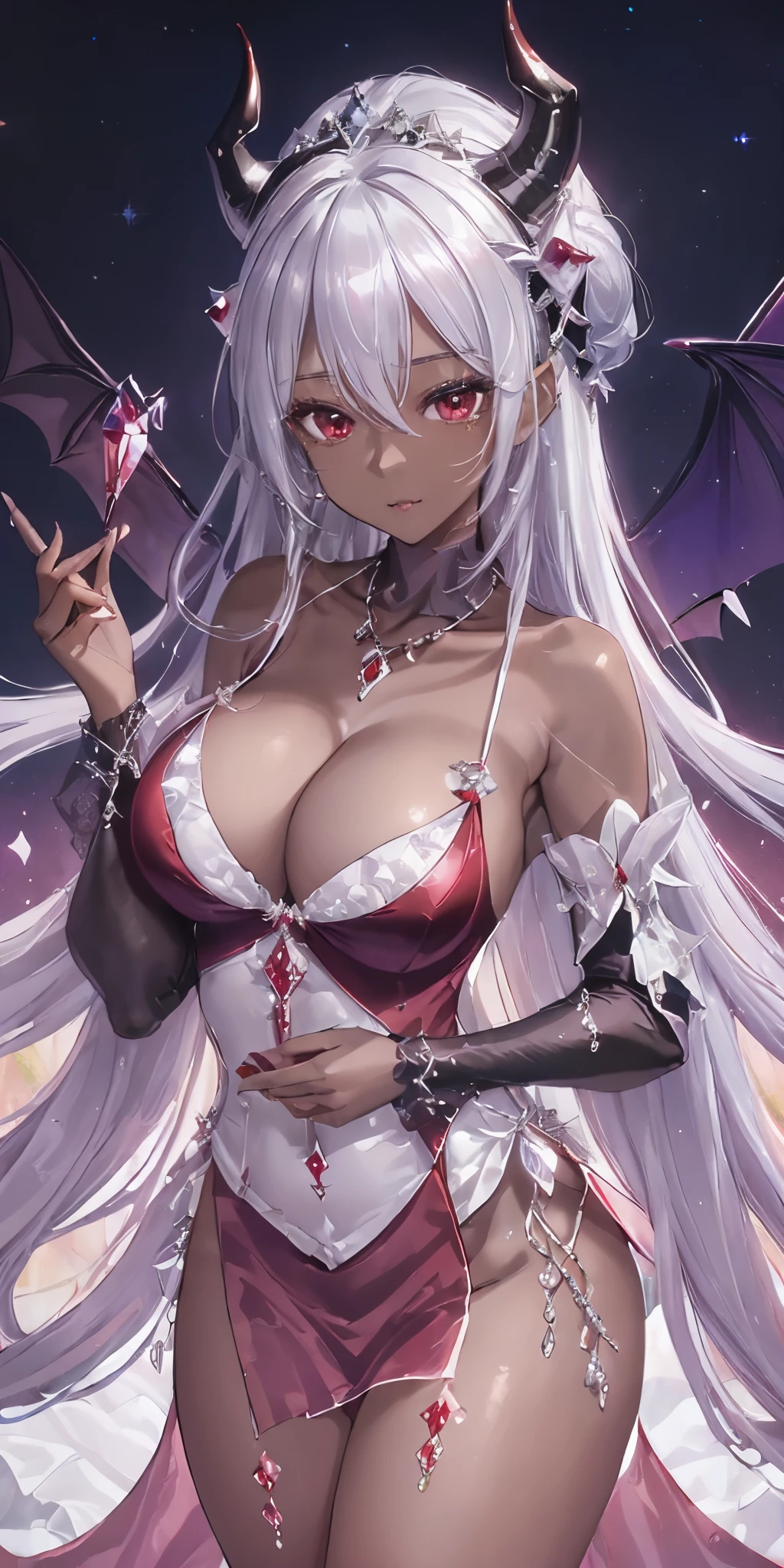 (demon, dark skin, evil princess with horn:1.5), (lavender color elegant party evil princess dress, transparent sleeves:1.2), (masterpiece*portrait, realistic, 3d face, solo, masterpiece), best quality, expressive eyes, perfect face, large breasts, smile, view from above, looking at viewer, (silver hair, finely detailed beautiful red eyes, lustrous skin, collarbone:1.5), shiny extremely long hair, (photorealistic:1.4), embarrassed, (midriff),  (elegant necklace, earrings, hair accessories),