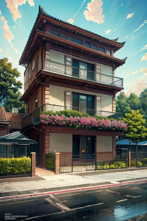 (masterpiece, top quality, best quality, official art, beautiful and aesthetic:1.2),extreme detailed,colorful,highest detailed,branch, building, chain-link fence,, fence, , outdoors, petals, landscape, rain, tree,sky,street