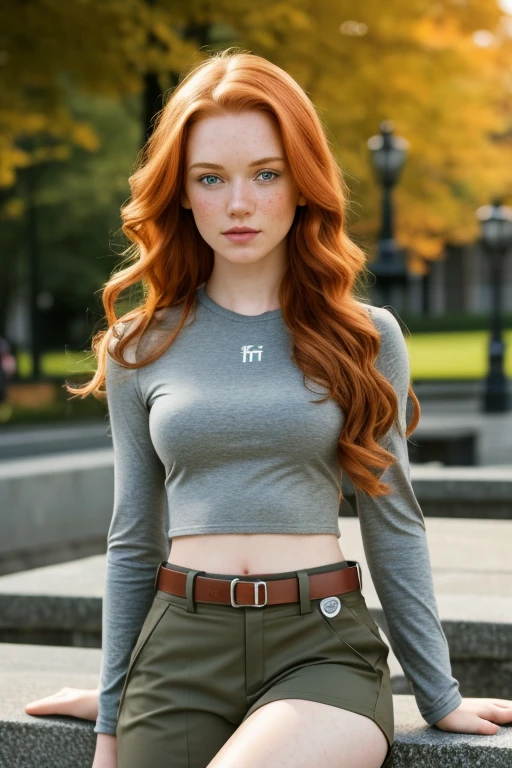 1girl in, age19, Solo, Aesthetic artwork, irish redhead, wavy ginger hair, shoulder length ginger hair, gray eyes, light grey eyes, some small freckles, pale skin, A-cup, small breasts, runners body, detailed skin texture, sitting on stone bench, by city fountain, downtown, park, (extremely detailed 8k wallpaper), soft lighting, high quality, film grain, Fujifilm XT3 sharp focus, f 5.6, 50mm, High Detail, Sharp focus,(natural light), black long sleeve crop top, light green khaki pants, brown utility belt, Kim possible costume, crazy details, complex details, hyper detailed