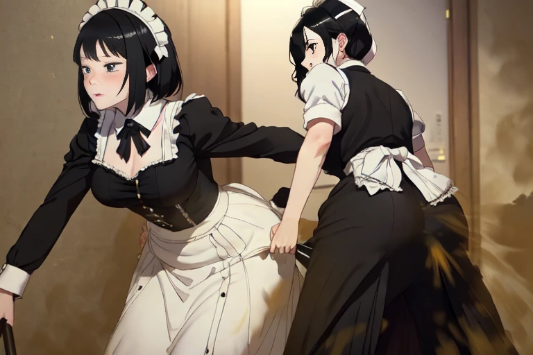 ((short black hair))),Attacked by farts, Attack with farts,)),(()),((wearing a maid outfit)),velocity,((Hip Attack)),((),((Facing this way))),masterpiece:1.2、top-quality)、(the Extremely Detailed CG Unity 8K Wallpapers、ultra-detailliert、Best Shadows)、(细致背景)、(The best lighting、extremely delicate and beautiful)、depth of fields,((Girl fart)),(),(((((There a male butler and a female maid.......))))),(((Female maid attacks male butler in the face with a hip attack..))),(((high-handed female maid)),(((A male butler who endures pain)))