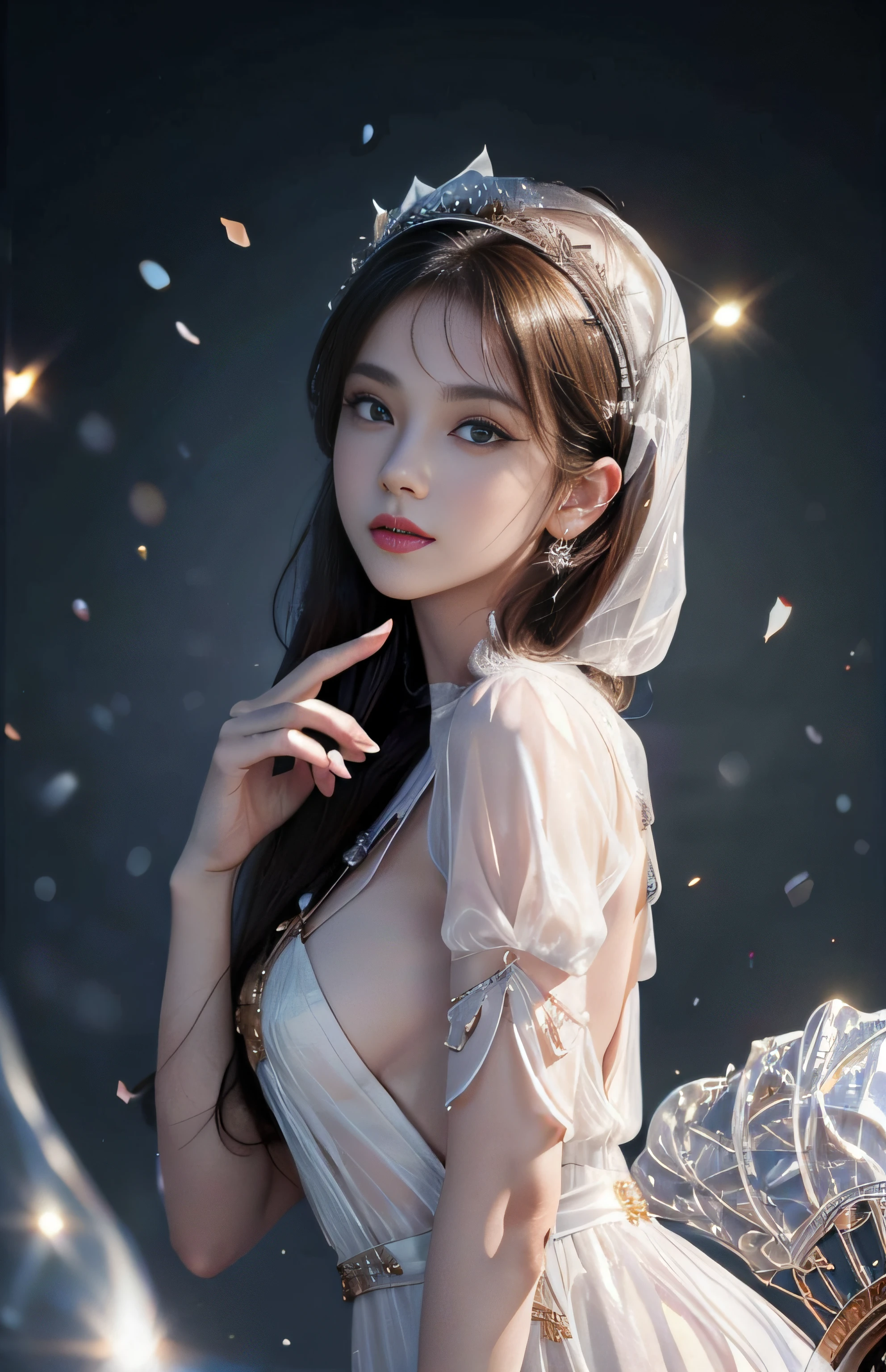 The hat on the back of his head is shining white、Whole body、8K、realphoto、超A high resolution, Master Parts, Best Quality, nffsw , cinematic images,Lovely girl、ann、16oruro saxon year、Green eyes、二重まぶた、very droopy eyes、(very, Very big eyes:1.8)、Dark eye shadow、The lips are very thin、The tip of the nose stretches beautifully.....................、the tip of the nose is small,,,,, ighly detailed , Gold Hair、Straight hair、Very smile、 Sweet look 、a very beautiful woman、legs are long、 Very clear shadows , jewely , A detailed eye, very intricate, shiny skins , Perfect Brilliant, Perfect Lighting, Dramatic shadows ,White tiara on head、Pure white long dress worn with 3 layers、Pure white long dress with lovely silver embroidery.、Close the white fan and hold it with both hands..................、The head has a large white hood、red flower accessories on ears