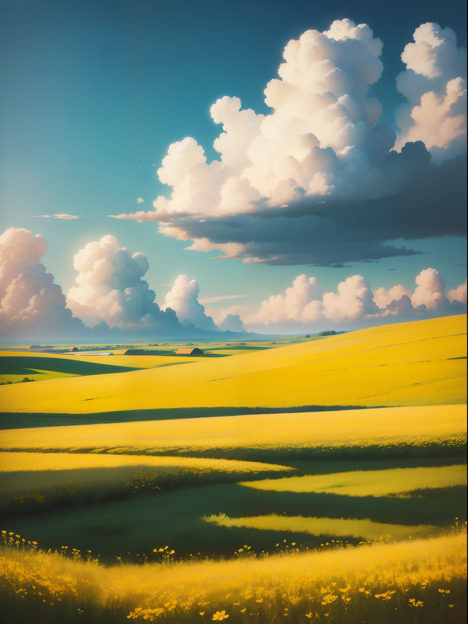 Vast spring farm prairie, meadow, few small flowers, large clouds, vast blue sky, HD detail, oil painting, cinematic, soft light, deep field focus bokeh, ray tracing. --v 6