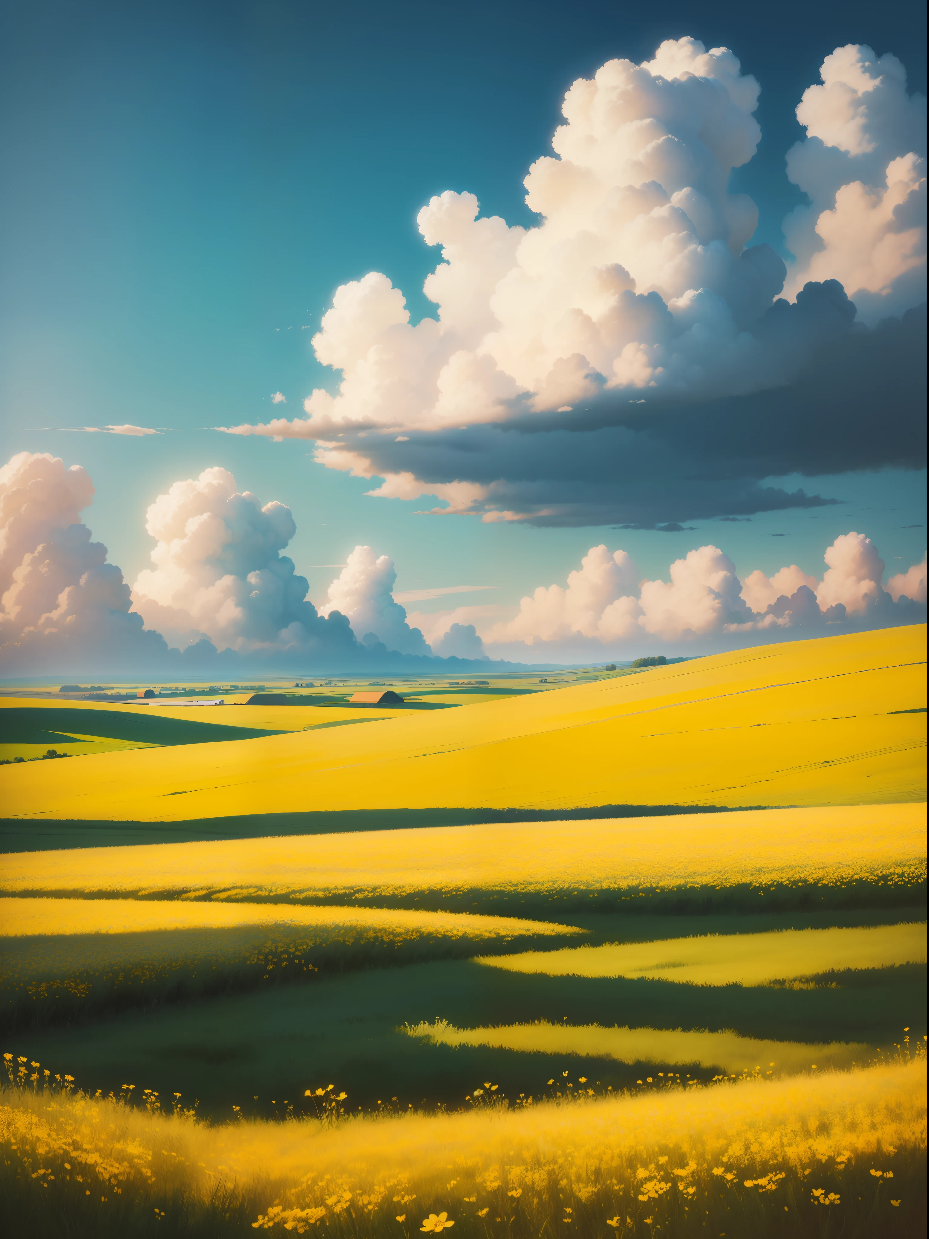 Vast spring farm prairie, meadow, few small flowers, large clouds, vast blue sky, HD detail, oil painting, cinematic, soft light, deep field focus bokeh, ray tracing. --v 6