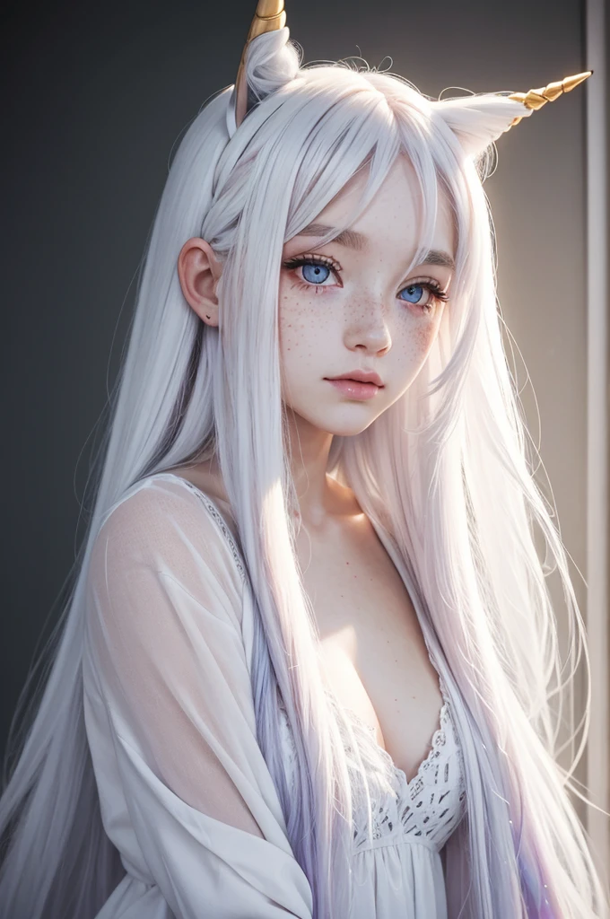 unicorn girl with long white hair, with freckles on her face, in light and light clothes with soft and sensual AI features