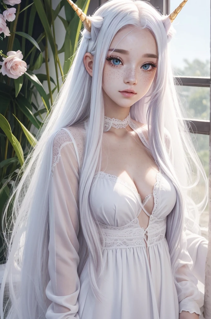 unicorn girl with long white hair, with freckles on her face, in light and light clothes with soft and sensual AI features