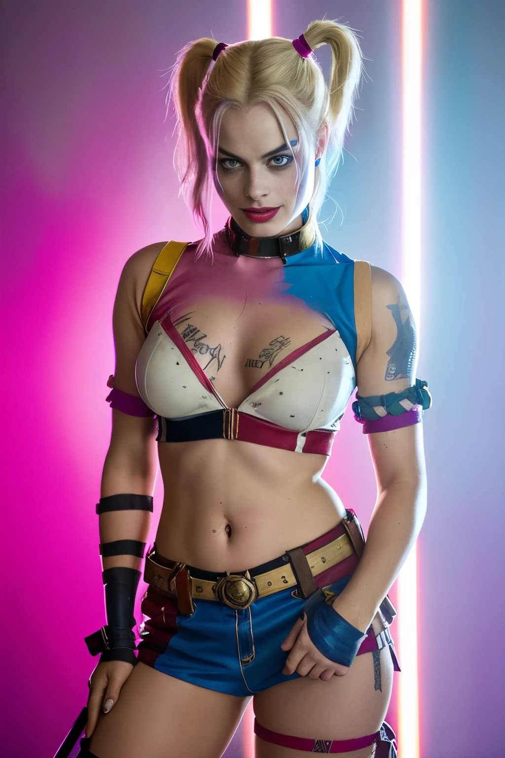 margot Robbie as Harley Quinn in Suicide Squad, full body, soft lighting, dynamic angle, realistic lighting, photo by Robert Adams, (natural skin texture, hyperrealism, soft light, sharp: 1.2), (intricate details: 1.12), hdr masterpiece, best quality, (highly detailed photo: 1.1), 8k, photorealistic, (SFW)