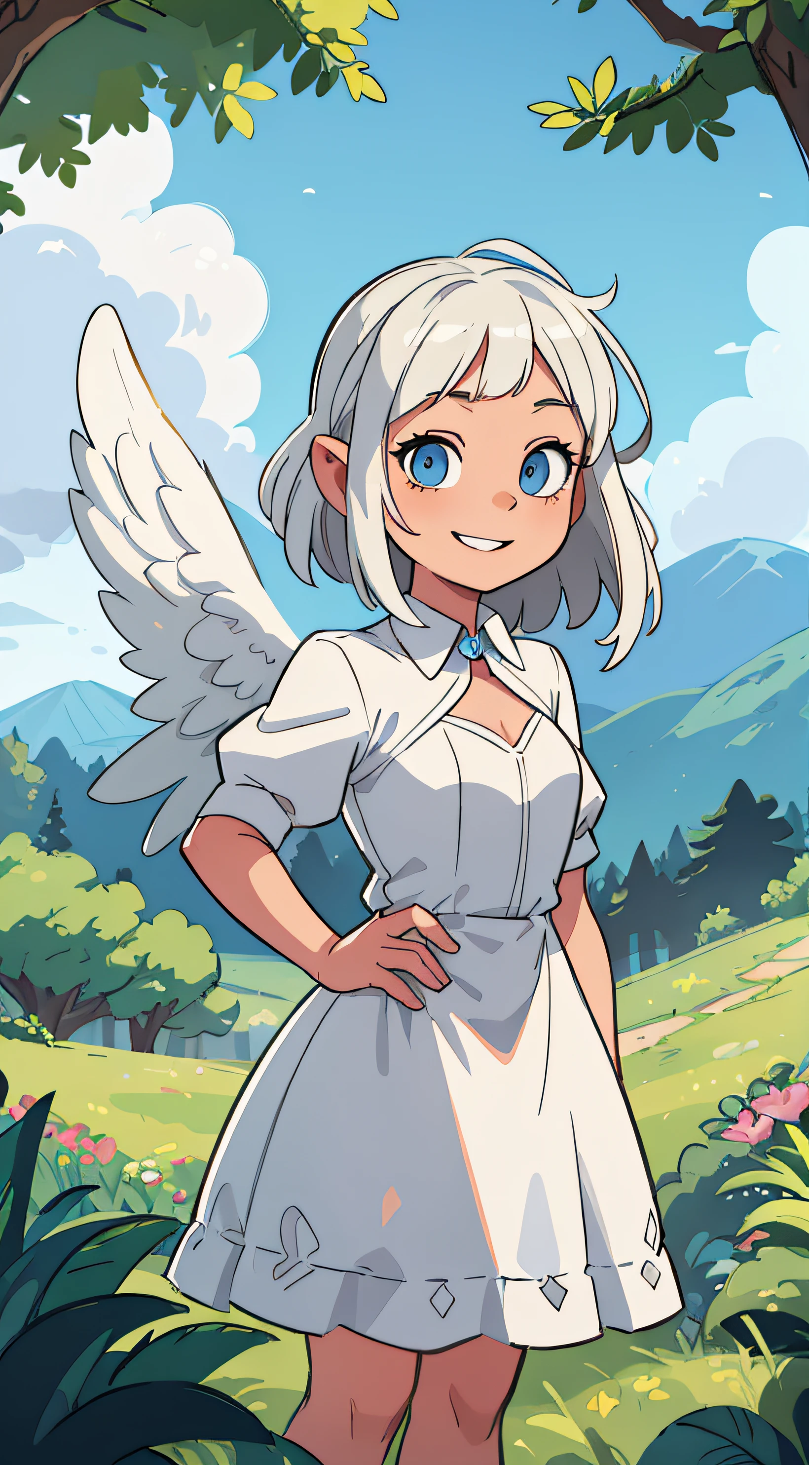((best quality, masterpiece)), 1girl, fairy and angel wings, white hair and dress, outdoor, clouds on background, fantasy, medieval, forest on background, smiling