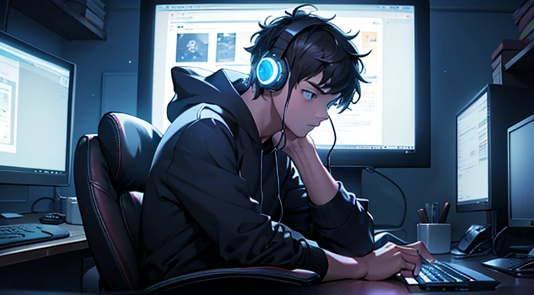 Illustrate a scene featuring a young boy absorbed in a digital world. The setting is a dimly lit room with the only illumination emanating from the computer screen. The boy is seated before a computer, donning headphones, engrossed in his virtual adventure. He's comfortably positioned in a gamer chair, his face partially lit by the monitor's glow. Capture the ambiance of technological immersion and the boy's intense focus on the screen