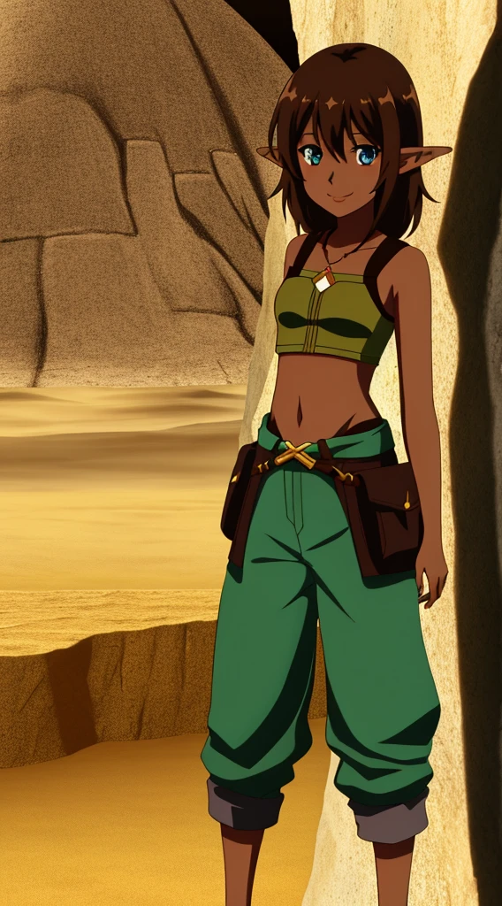beste-Qualit, super detailed illustration, 1 girl, dark-skin, Cyan eyes, desert, hiquality, the anime, baggy trousers , open waist, short brown hair, perky smile, dnd, adventures, Long elven ears, by Kilinah, Coffeesoda, Chioshiru, by Kilinah,