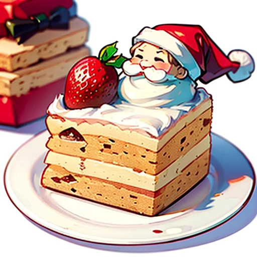 (Best Quality, cute santa claus cake illustration, Appetizing cake illustration),  Looks appetizing. cake placed on a white plate,  White background. View Center, Make the whole cake visible without interruption. Topped with strawberries and fresh cream、Christmas