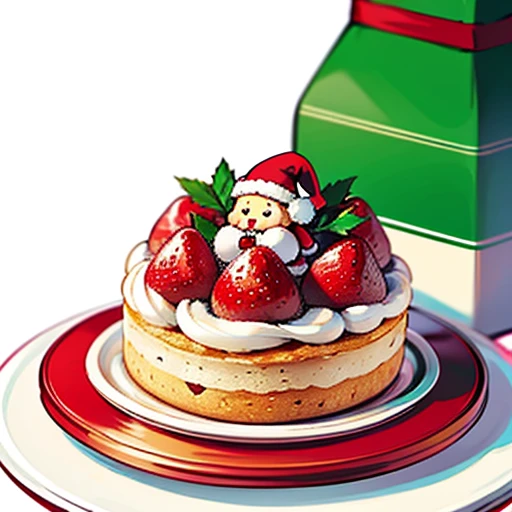 (Best Quality, cute santa claus cake illustration, Appetizing cake illustration),  Looks appetizing. cake placed on a white plate,  White background. View Center, Make the whole cake visible without interruption. Topped with strawberries and fresh cream、Christmas