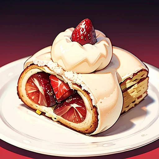 (Best Quality, cute santa claus cake illustration, Appetizing cake illustration), Looks appetizing. cake placed on a white plate, White background. View Center, Make the whole cake visible without interruption. Topped with strawberries and fresh cream、Christmas