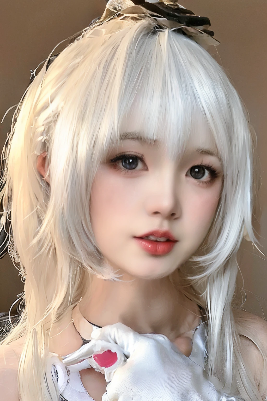 (photo realistic:1.55),(ulzzang-6500:0.65), masterpiece, best quality, detailed, blurry, depth_of_field, blurry_background, blurry_foreground, 1girl, gloves, white_gloves, dress, motion_blur, photo_\(medium\), solo, white_dress