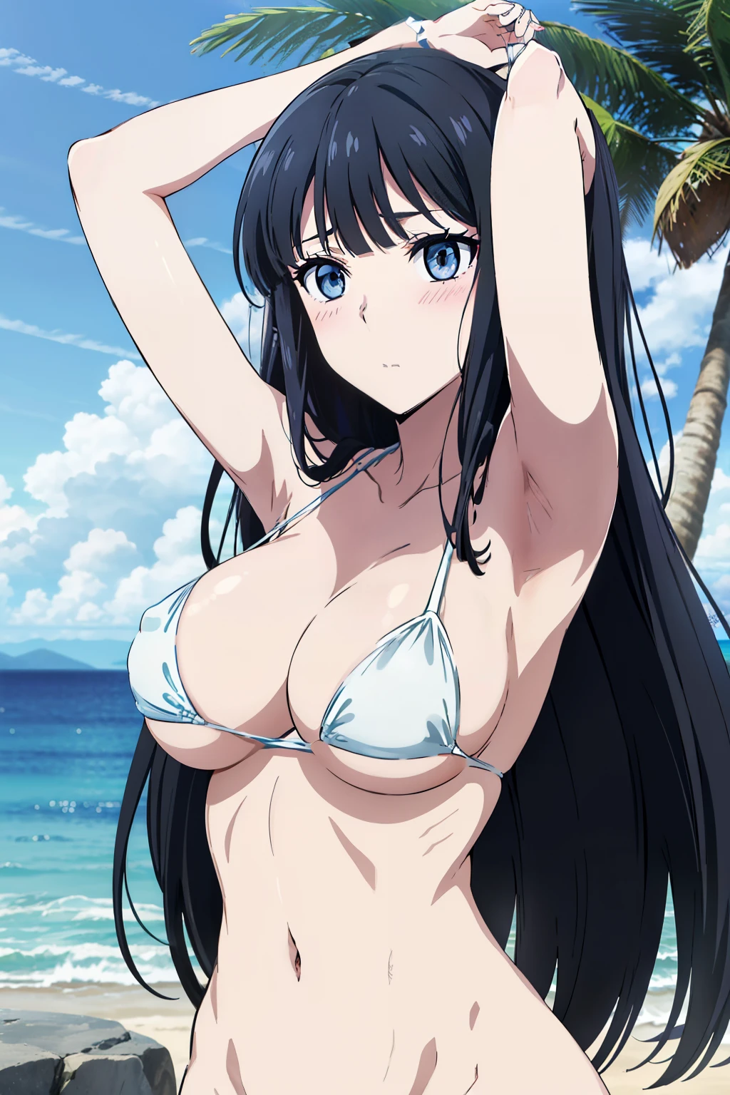 Miyuki, 1girl in, Cute, blush, blue eyess, (Long Black Hair:1.5), 14years, (Oversized large sagging breasts:1.5), cleavage, ((White Micro Bikini:1.5, Thin fabric)), (Arms up:1.5), Upper body, Close-up on the chest, Front composition, beach side, ((Perfect Anatomy, beautifull detailed face, Beautiful detailed eyes, beautiful detailed hair, Beautiful detailed body)), thick outline, Beautiful outlines, black outlines