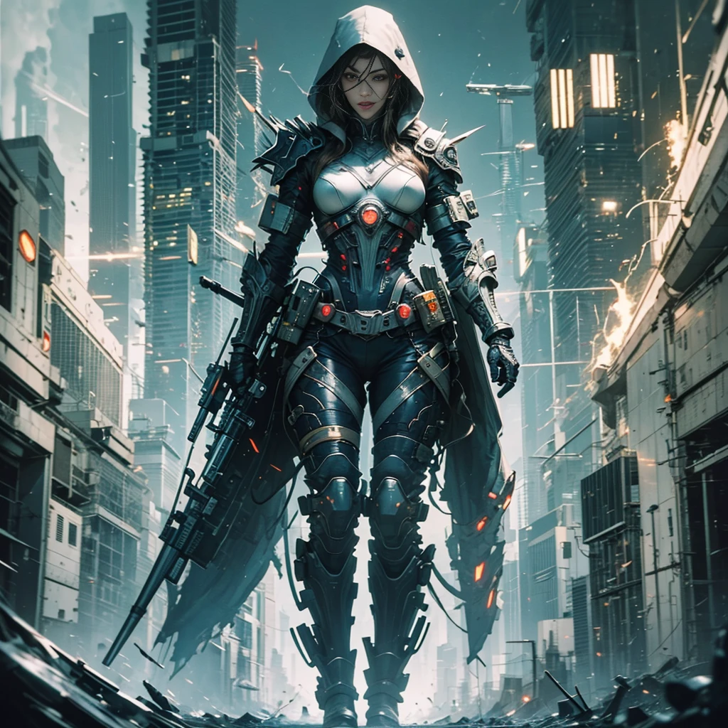 An beautiful Chinese girl, 28 years old, full body composition, hooded head, full body, amazing facial features, blood stains, sharp eyes, cyberpunk, holographic aura, surreal science fiction art, futuristic science fiction aesthetics, Hanfu (tattered, torn), mecha, complex design, game model, movie edge light, delicate light, masterpiece, super detailed, epic composition, super HD, high quality, highest quality, pure poster photo, 32k --niji 5