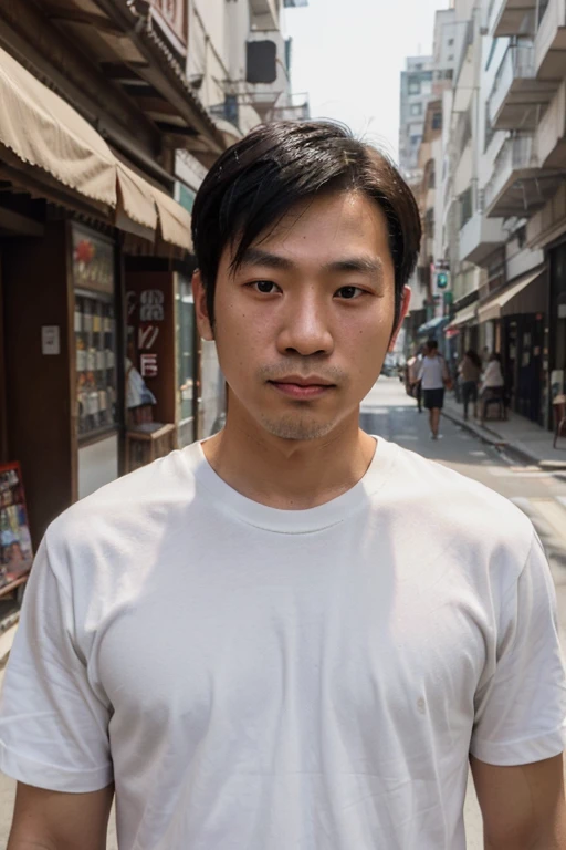 Candid street phone selfie of a 30 year old asian man wearing a white tee-shirt, natural lighting, skin details, skin pores, highly detailed skin, uniform background