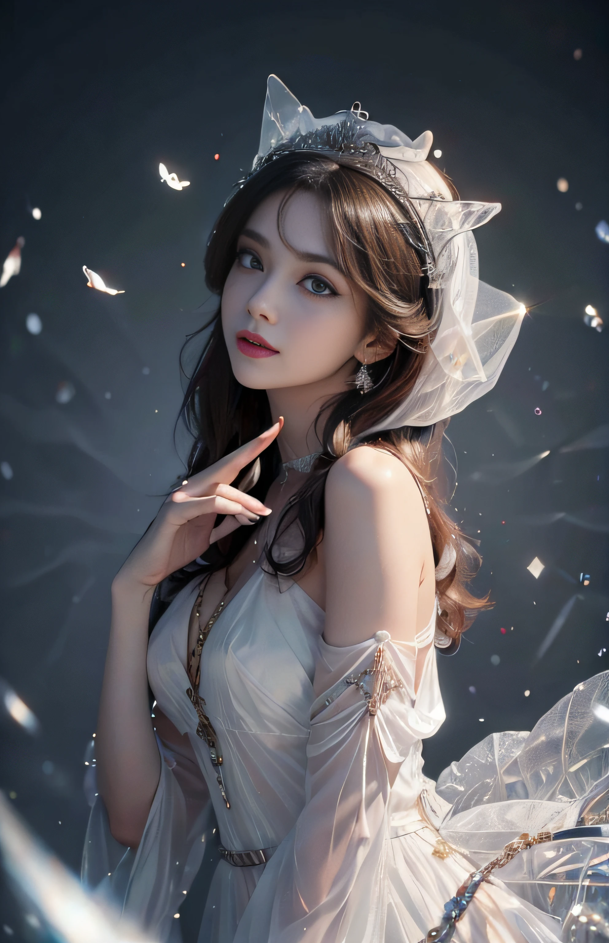 The hat on the back of his head is shining white、Whole body、8K、realphoto、超A high resolution, Master Parts, Best Quality, nffsw , cinematic images,Lovely girl、ann、1６oruro saxon year、Green eyes、二重まぶた、very droopy eyes、（very, Very big eyes：1.８）、Dark eye shadow、The lips are very thin、The tip of the nose stretches beautifully..................、The tip of the nose is small,,,,, ighly detailed , Gold Hair、Straight hair、Very smile、 Sweet look 、a very beautiful woman、legs are long、 Very clear shadows , jewely , A detailed eye, very intricate, shiny skins , Perfect Brilliant, Perfect Lighting, Dramatic shadows ,White tiara on head、Pure white long dress worn with 3 layers、Pure white long dress with lovely silver embroidery.、Close the white fan and hold it with both hands...............、The head has a large white hood、red flower accessories on ears