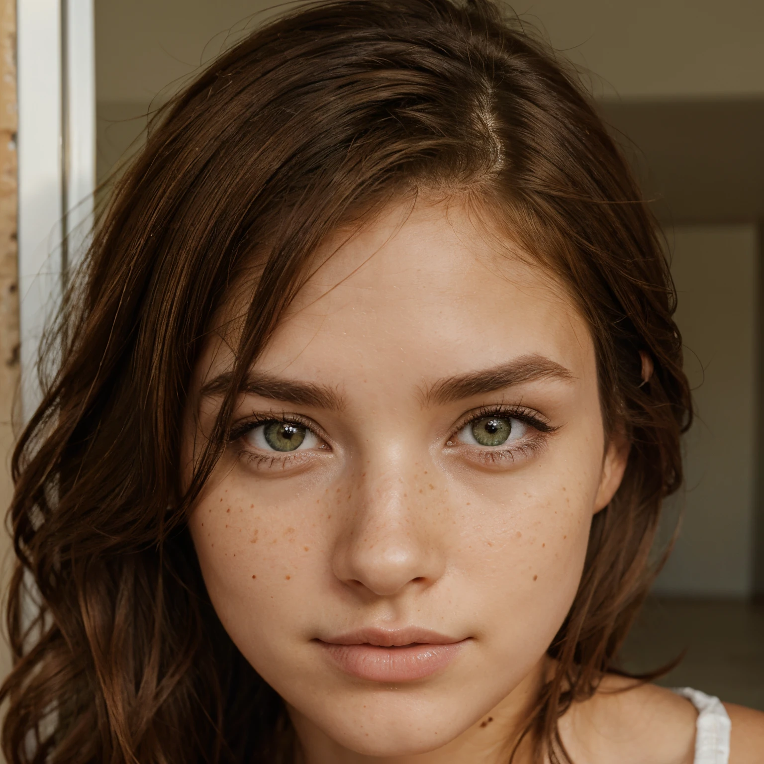 Create for me the face of a young brunette and very very pretty woman with green eyes and a hint of freckles
