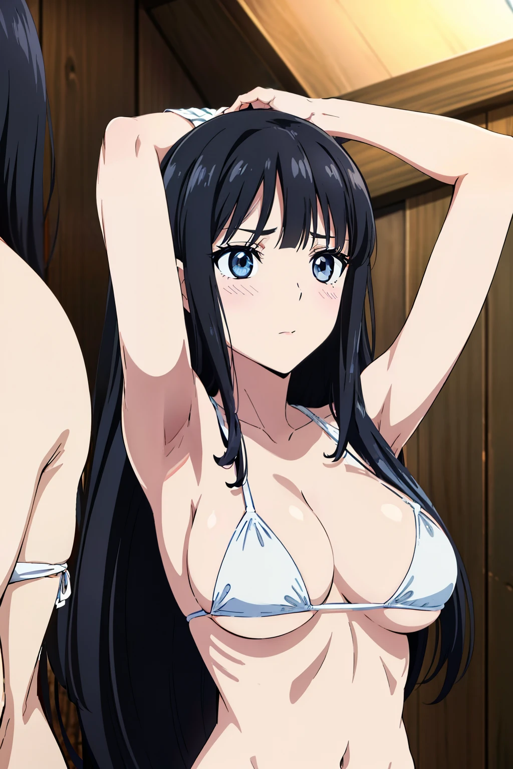 Miyuki, 1girl in, Cute, blush, blue eyess, (Long Black Hair:1.5), 14years, (Oversized large sagging breasts:1.5), cleavage, ((White Micro Bikini:1.5, Thin fabric)), (Arms up:1.5), Upper body, Close-up on the chest, Front composition:1.8, beach side, ((Perfect Anatomy, beautifull detailed face, Beautiful detailed eyes, beautiful detailed hair, Beautiful detailed body)), thick outline, Beautiful outlines, black outlines