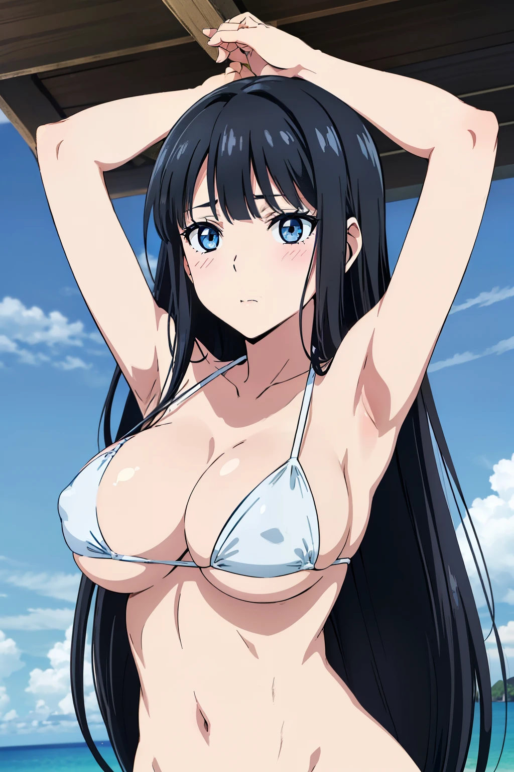 Miyuki, 1girl in, Cute, blush, blue eyess, (Long Black Hair:1.5), 14years, (Oversized large sagging breasts:1.5), cleavage, ((White Micro Bikini:1.5, Thin fabric)), (Arms up:1.5), Upper body, Close-up on the chest, Front composition:1.8, beach side, ((Perfect Anatomy, beautifull detailed face, Beautiful detailed eyes, beautiful detailed hair, Beautiful detailed body)), thick outline, Beautiful outlines, black outlines