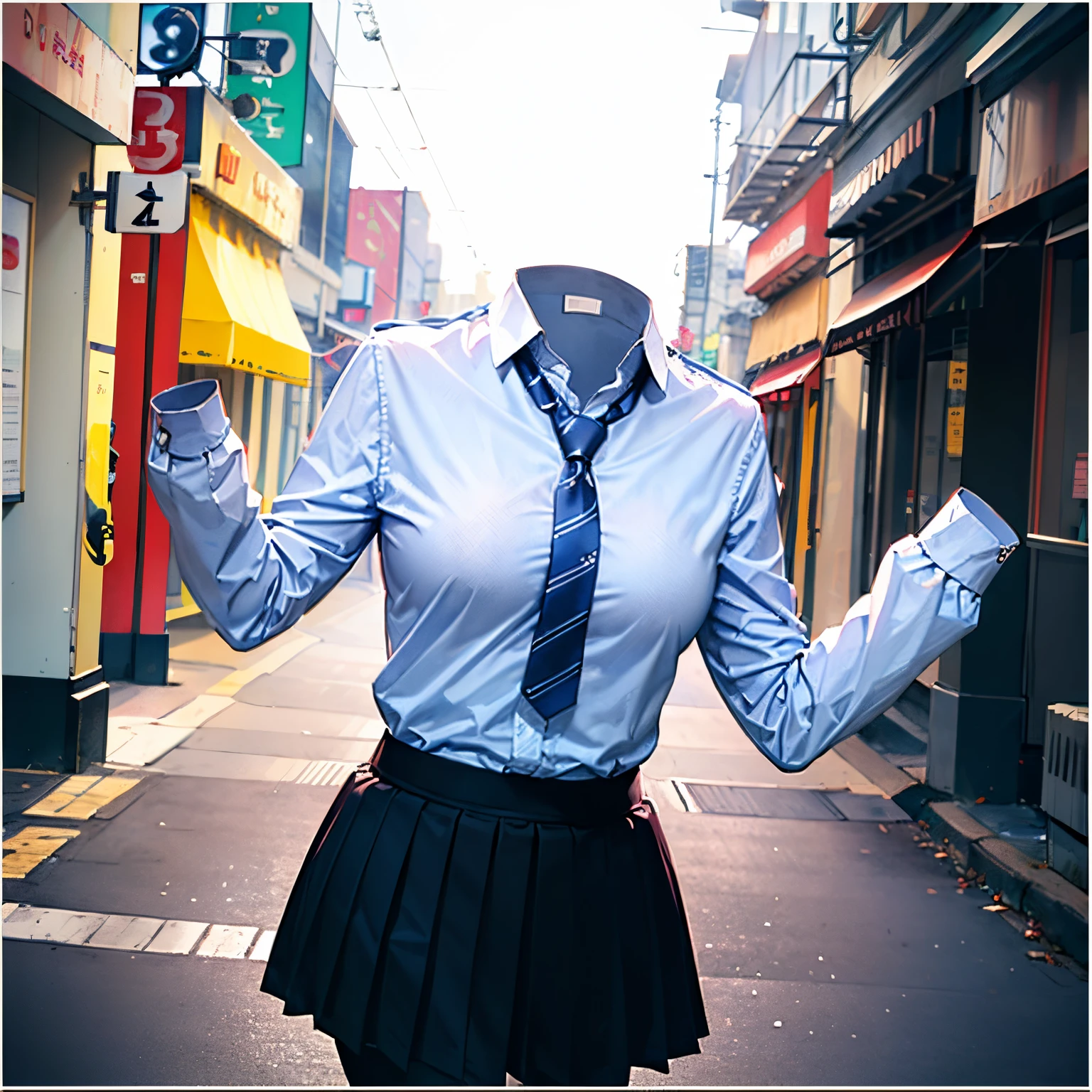 school uniform, blue stripe tie, dark biue skirt, school tie, (cute pose), (invisible, no humans, headless, faceless:1.5), (cute big breasts), (close-up shot of breasts), (illustration:1.1), (best quality), (masterpiece:1.1), (extremely detailed CG unity 8k wallpaper), (colorful:1.2), ((watercolor)), (city background, high buildings), clear sharp focus, colorwater