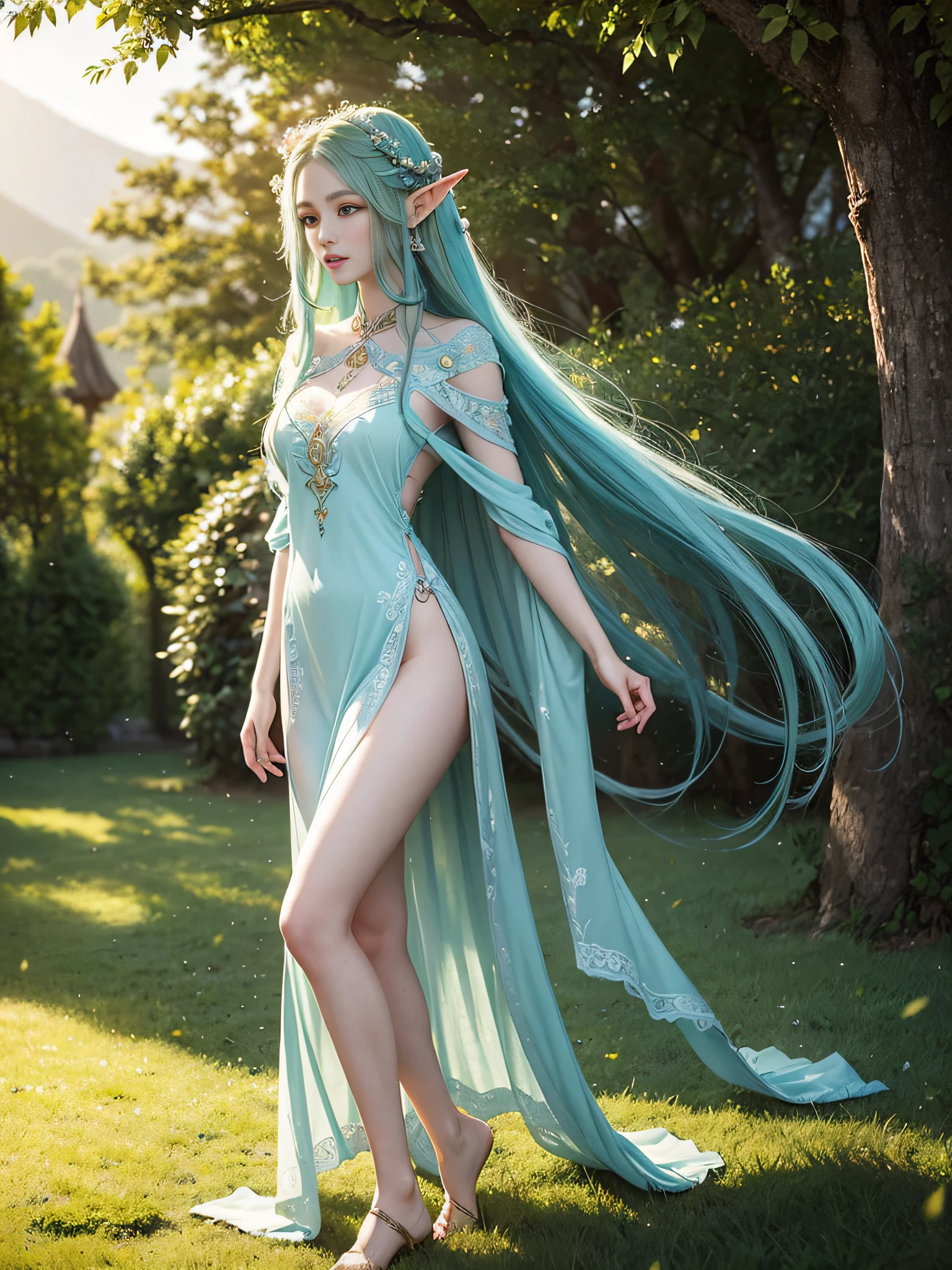 Graceful elven girl standing in meadow, Delicate face illuminated by the soft light of the setting sun. Her long, Flowing hair runs down your back, Decorated with intricate braids、Adorned with sparkling gemstones. This great photo 、、、It captures the ethereal beauty of elves. Slender figure in silk dress、Swaying in the soft steppe breeze. Attention to detail、Face that ace that ace that ace that 、It  evident in the intricate patterns of the dress and the subtle highlights of the luminescence. skin. The breathtaking portrayal of the elven girl 、、、、、Create an enchanting atmosphere、It invites the viewer to a magical world.　emerald green hair color and eye,