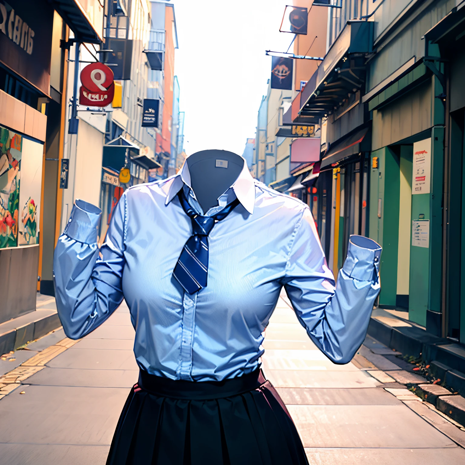 school uniform, blue stripe tie, dark biue skirt, school tie, (cute pose), (invisible, no humans, headless, faceless:1.5), (cute big breasts), (close-up shot of breasts), (illustration:1.1), (best quality), (masterpiece:1.1), (extremely detailed CG unity 8k wallpaper), (colorful:1.2), ((watercolor)), (city background, high buildings), clear sharp focus, colorwater