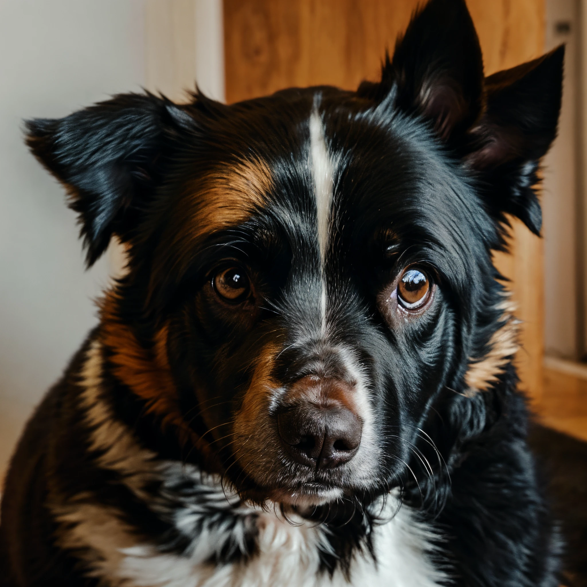 Produce an ultra-realistic artwork of a small-sized dog, weighing approximately 12kg, with black, long, and shiny fur. This one-year-old dog should exhibit a puppy-like facial expression, with a light and subtle smile. The eyes should reflect affection and passion, fixed with a loving gaze toward the viewer on the other side of the cellphone screen.
Emphasize that the image should feature only this single dog, without the presence of humans or other animals. The focus should be on the black color of the fur, enhancing the long and shiny texture to create an ultra-realistic effect. The facial expression should convey joy and a loving gaze, as if the dog is contemplating something precious in life.
Basic settings:
- Resolution: Minimum of 1920x1080 pixels to ensure sharp details.
- Lighting: Use soft and natural lighting to highlight the shine of the fur.
- Background: Maintain a neutral background to exclusively focus on the dog.
- Colors: Highlight the black color of the fur, prioritizing shine and texture.
- Facial expression: Ensure capturing the joy and loving gaze.
- Focus: The dog should occupy the majority of the image, with special attention to facial details and emotional expression.