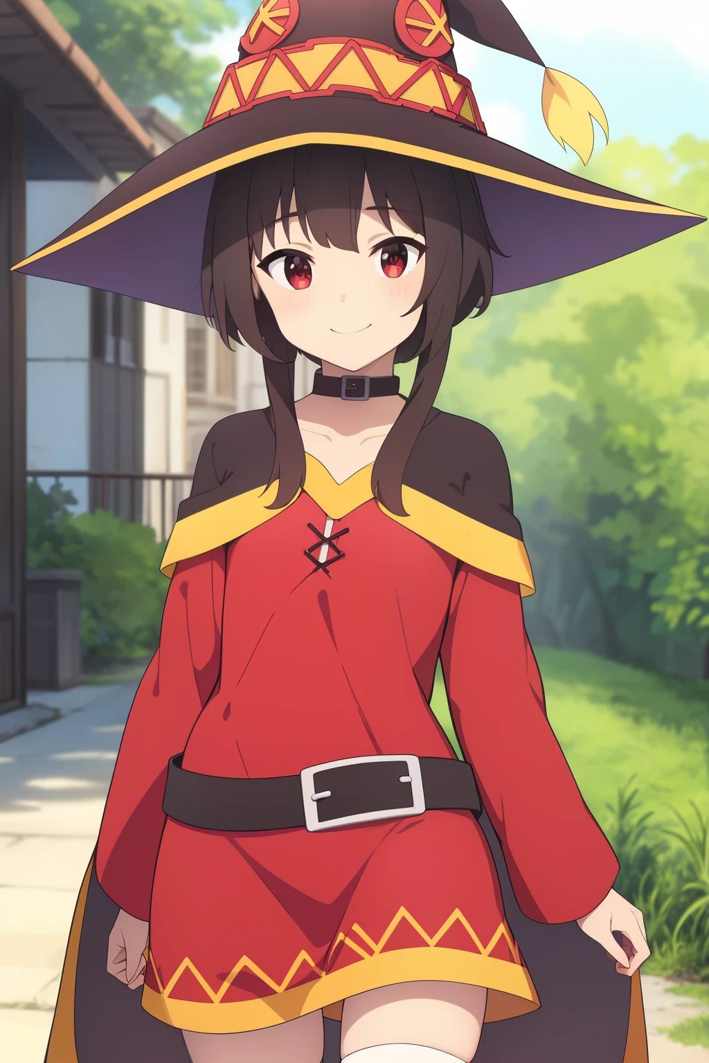 highest qualityr,Obra maestra,obra maestra,8k,Calidad de imagen de alto nivel,High number of pixels,1 mujer,1girl,solo,sin antecedentes,fondo blanco,Megumin,ojos rojos,una sonrisa,cabello mediano,Ropa roja,smil,Sosteniendo el sombrero con su mano derecha.,Standing,Disparo de vaquero,Frente,cara hacia adelante,Representation from the tip of the hat to the foot.,