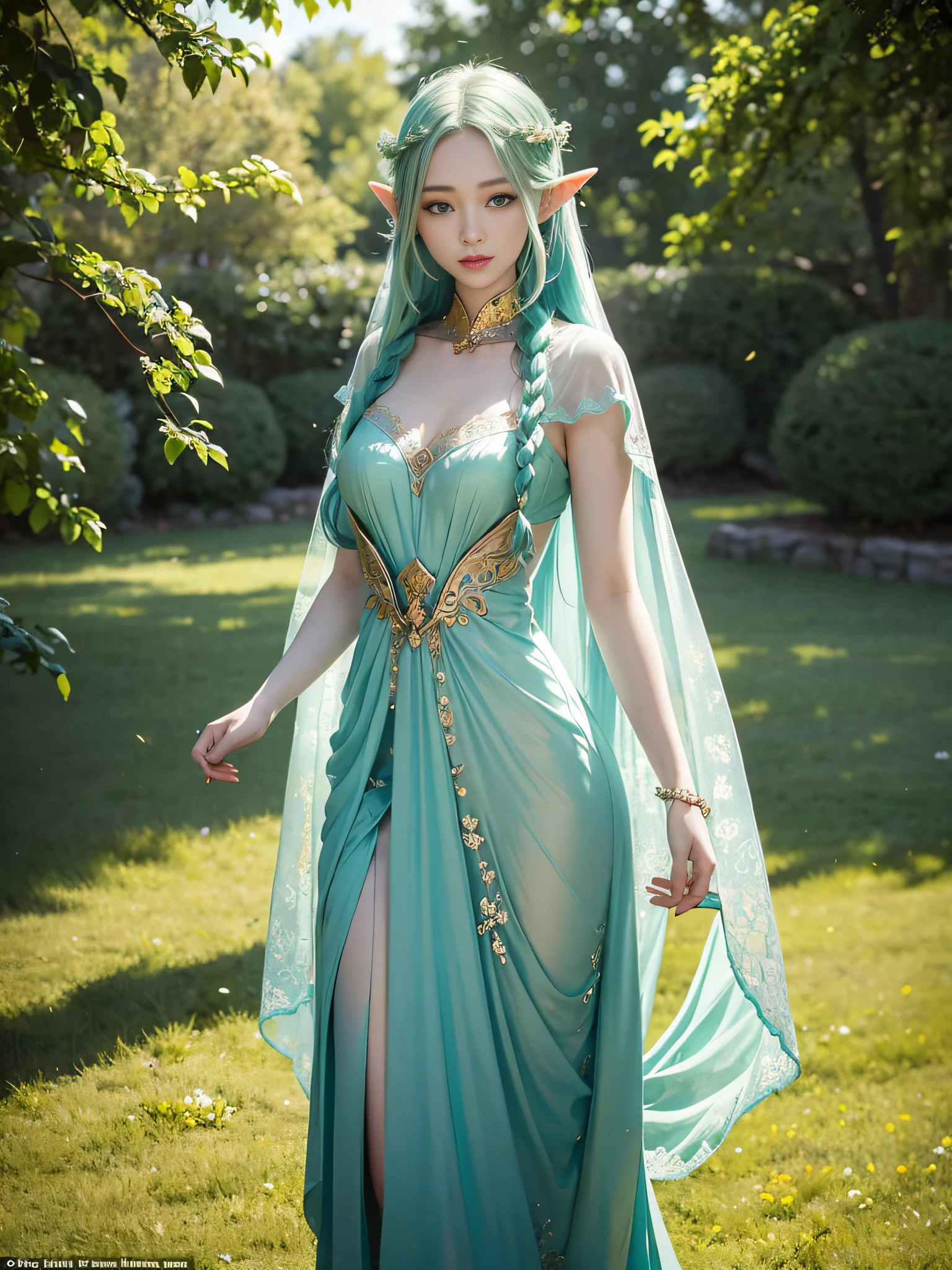 Graceful elven girl standing in meadow, Delicate face illuminated by the soft light of the setting sun. Her long, Flowing hair runs down your back, Decorated with intricate braids、Adorned with sparkling gemstones. This great photo 、、、It captures the ethereal beauty of elves. Slender figure in silk dress、Swaying in the soft steppe breeze. Attention to detail、Face that ace that ace that ace that 、It  evident in the intricate patterns of the dress and the subtle highlights of the luminescence. skin. The breathtaking portrayal of the elven girl 、、、、、Create an enchanting atmosphere、It invites the viewer to a magical world.　emerald green hair color and eye,