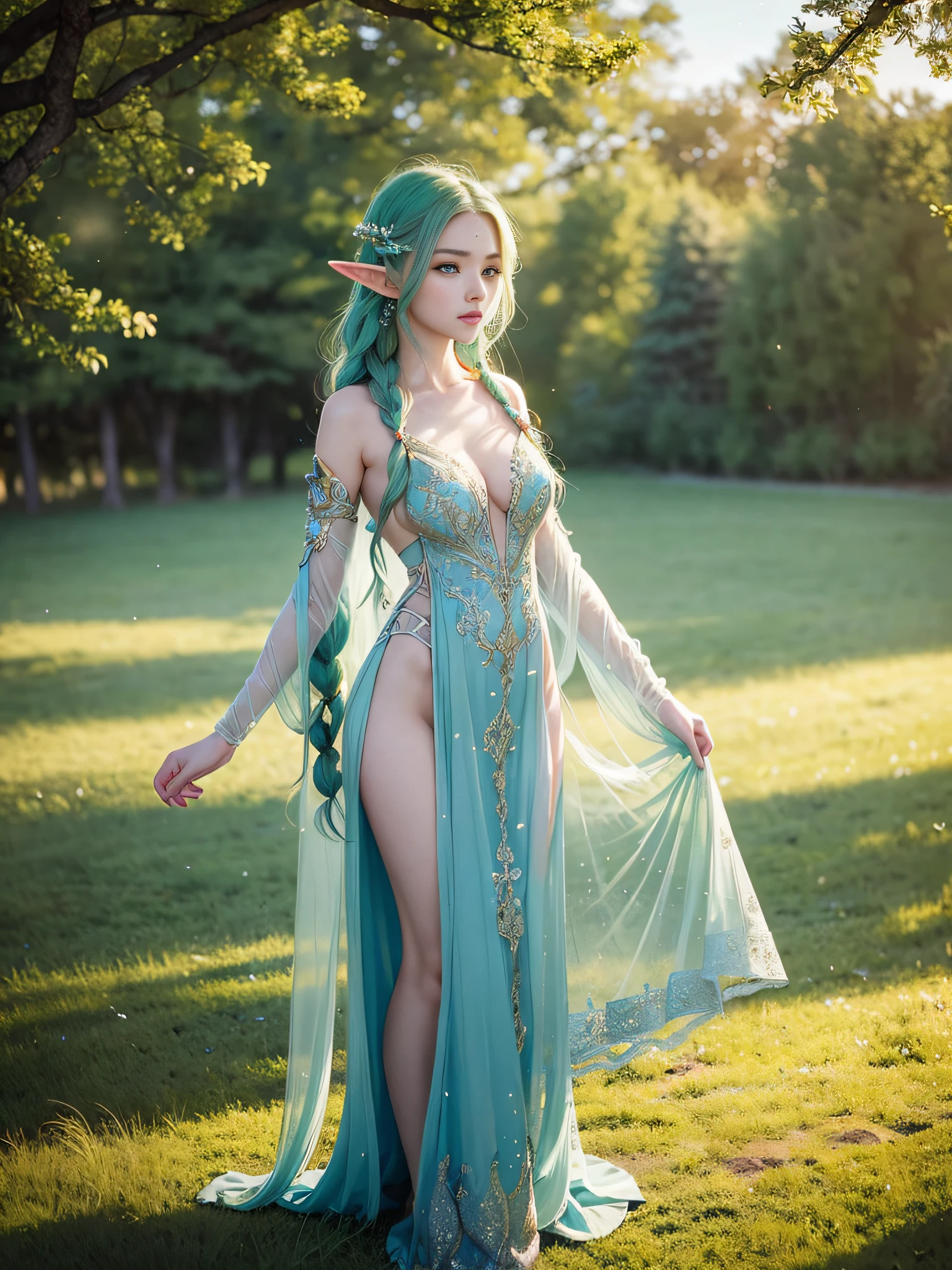 Graceful elven girl standing in meadow, Delicate face illuminated by the soft light of the setting sun. Her long, Flowing hair runs down your back, Decorated with intricate braids、Adorned with sparkling gemstones. This great photo 、、、It captures the ethereal beauty of elves. Slender figure in silk dress、Swaying in the soft steppe breeze. Attention to detail、Face that ace that ace that ace that 、It  evident in the intricate patterns of the dress and the subtle highlights of the luminescence. skin. The breathtaking portrayal of the elven girl 、、、、、Create an enchanting atmosphere、It invites the viewer to a magical world.　emerald green hair color and eye,