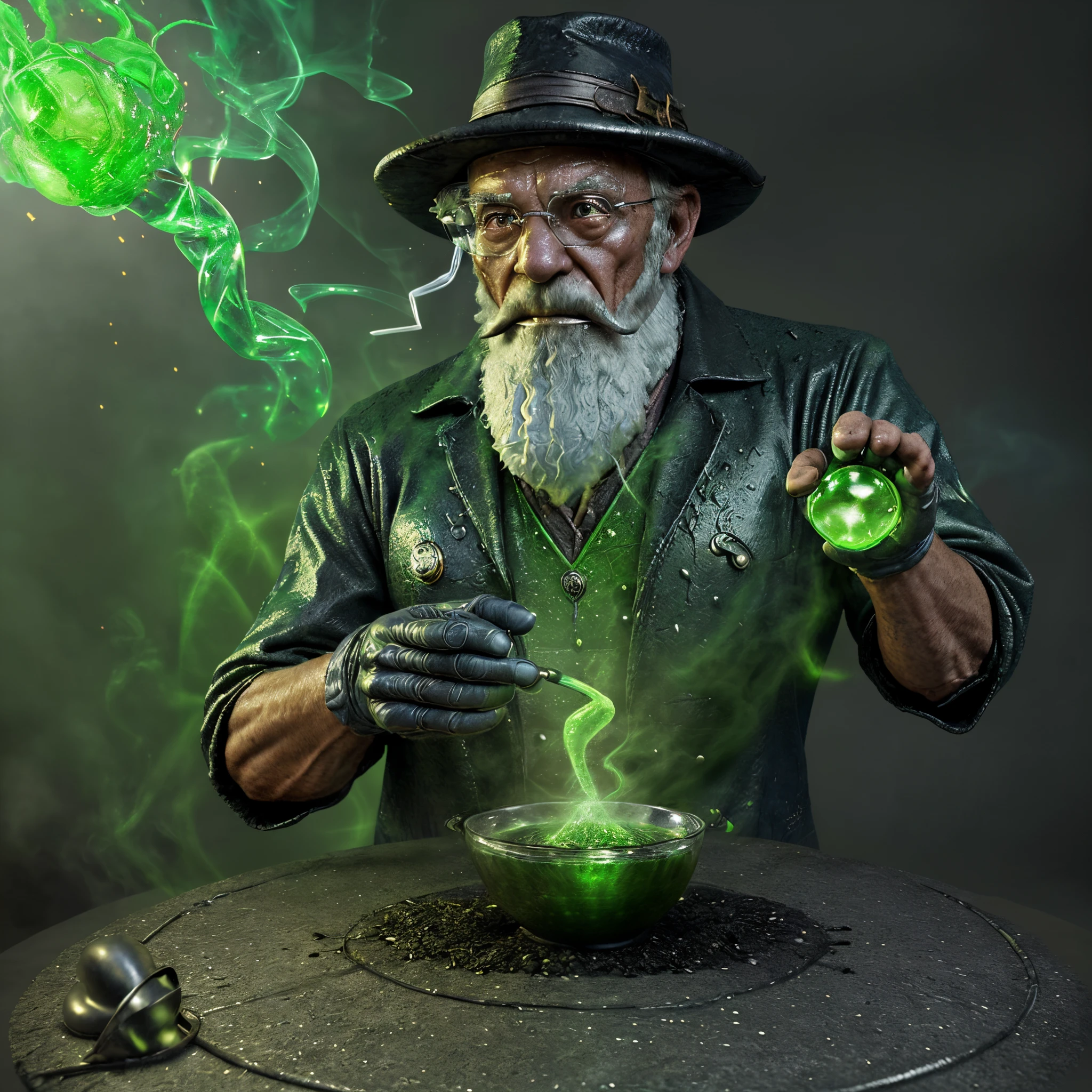 strong old sorcererc man in hat , chemical lab style scenarios, quite detailed scenery, smoking equipment,brew a potion, green glowing aura, big potion cauldron