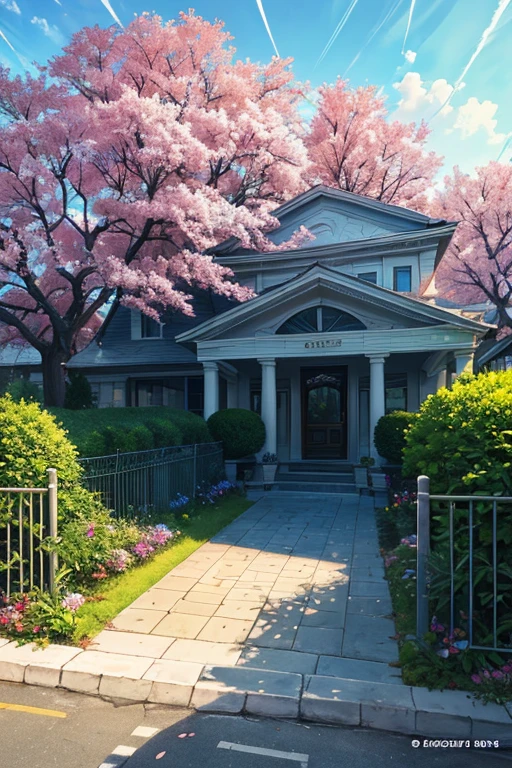 (masterpiece, top quality, best quality, official art, beautiful and aesthetic:1.2),extreme detailed,colorful,highest detailed,branch, building, chain-link fence,, fence, , outdoors, petals, landscape, rain, tree,sky,street
