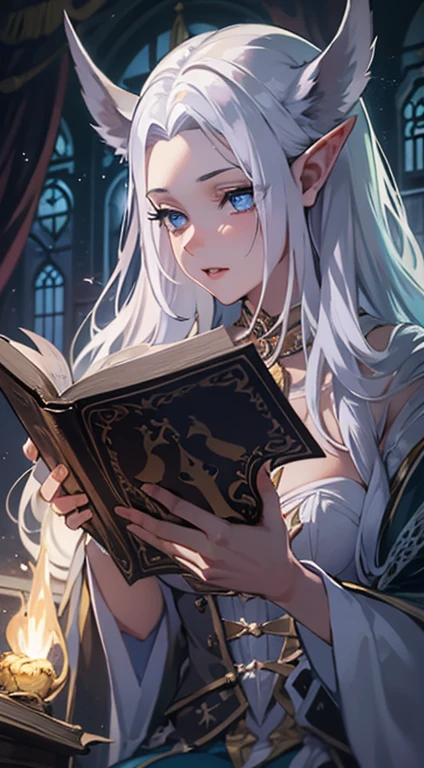 {[{{"Gorgeous dark atmosphere, Immerse yourself in a magical world, 4k artwork of man with white hair and glowing blue eyes, read a spell book."}]}} (tmasterpiece, Best quality at best, ultra - detailed, The best shadow), (detailedbackground ,dark fantacy), (beautiful  detailed face), hight contrast, (best illuminate, Extremely Delicately Beautiful), ((电影灯光)), hyper-detailing, Dramatic light, Complicated details, (1girl female elf, elvish ears, Alone, Long white hair, sharpy face, eBlue eyes, Full body lesbian, magic school, read a book, Dark theme, ella&#39;Wearing the clothes of a fantasy mage, looking at her book