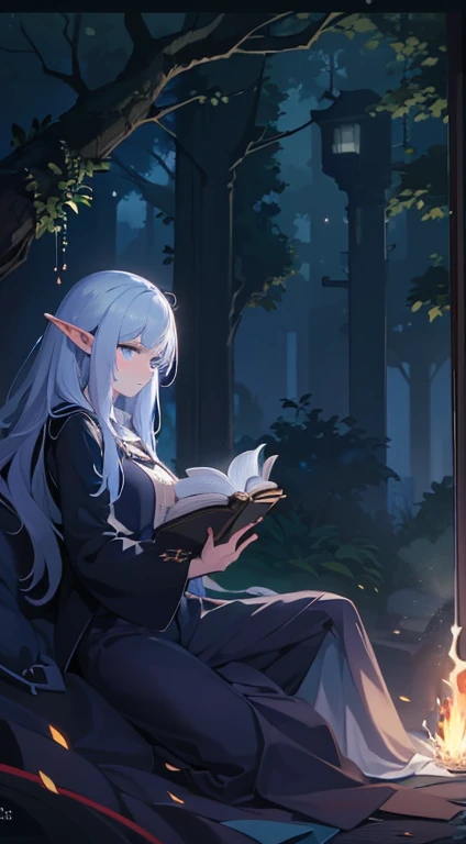 {[{{"Gorgeous dark atmosphere, Immerse yourself in a magical world, 4k artwork of man with white hair and glowing blue eyes, read a spell book."}]}} (tmasterpiece, Best quality at best, ultra - detailed, The best shadow), (detailedbackground ,dark fantacy), (beautiful  detailed face), hight contrast, (best illuminate, Extremely Delicately Beautiful), ((电影灯光)), hyper-detailing, Dramatic light, Complicated details, (1girl female elf, elvish ears, Alone, Long white hair, sharpy face, eBlue eyes, Full body lesbian, magic school, read a book, Dark theme, ella&#39;Wearing the clothes of a fantasy mage, looking at her book