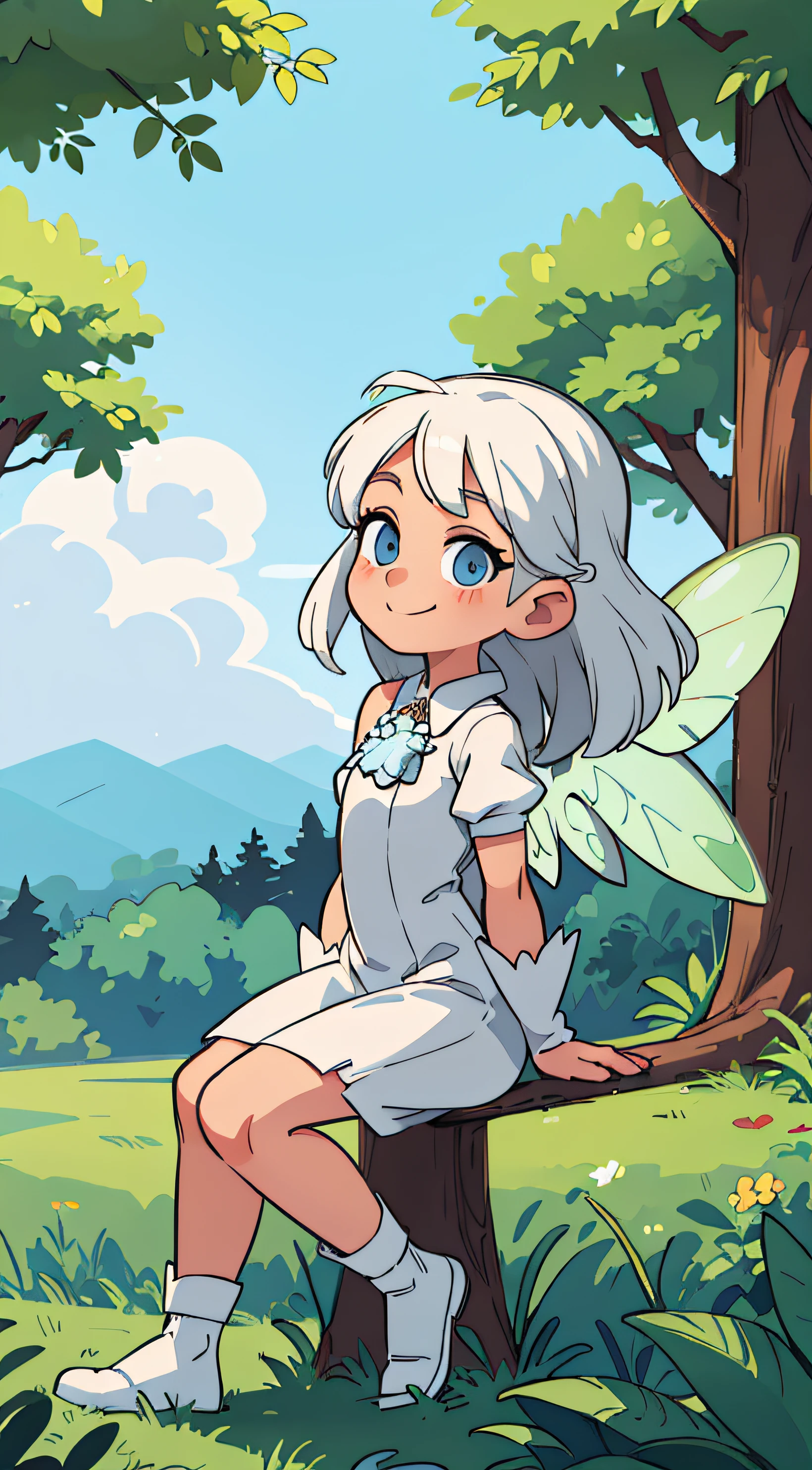 ((best quality, masterpiece)), 1girl, fairy and angel wings, white hair and dress, outdoor, clouds on background, fantasy, medieval, forest on background, smiling