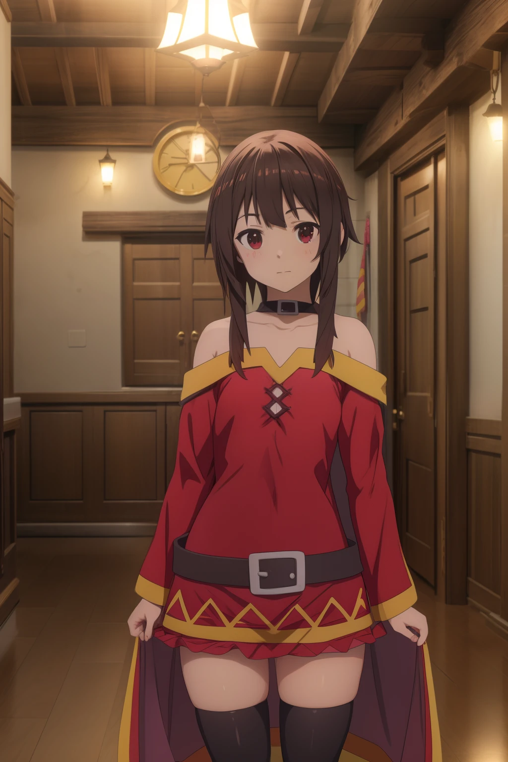 (Chica hiper realista:1.2), (( Megumin)), (Konosuba), cuerpo completo, Single Body, Esperando, sentado en el suelo, (muslos internos expuestos), rodillas dobladas, ((pelo corto)), smal boobs:1.3, Female Room, Sala de taberna tradicional, hiperrealista, cinematography lighting, (Octane representation), Trazado de rayos, evening lighting, realismo, 8k UHD