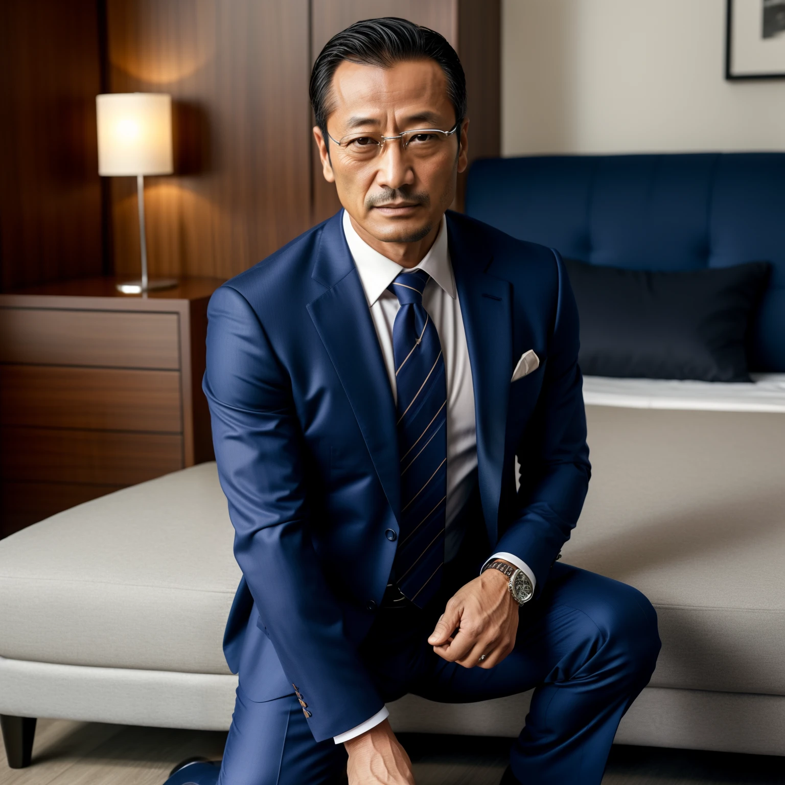age 55,Hidetoshi Nakata ,(Kogoro Mouri 1.3),little beard,Shirtleslack long socks,tmasterpiece,fortitude,Two muscular men kneel,Business suit,Lace lingerie big breasts,Crotch contour,Thick chest hair,blue colors
