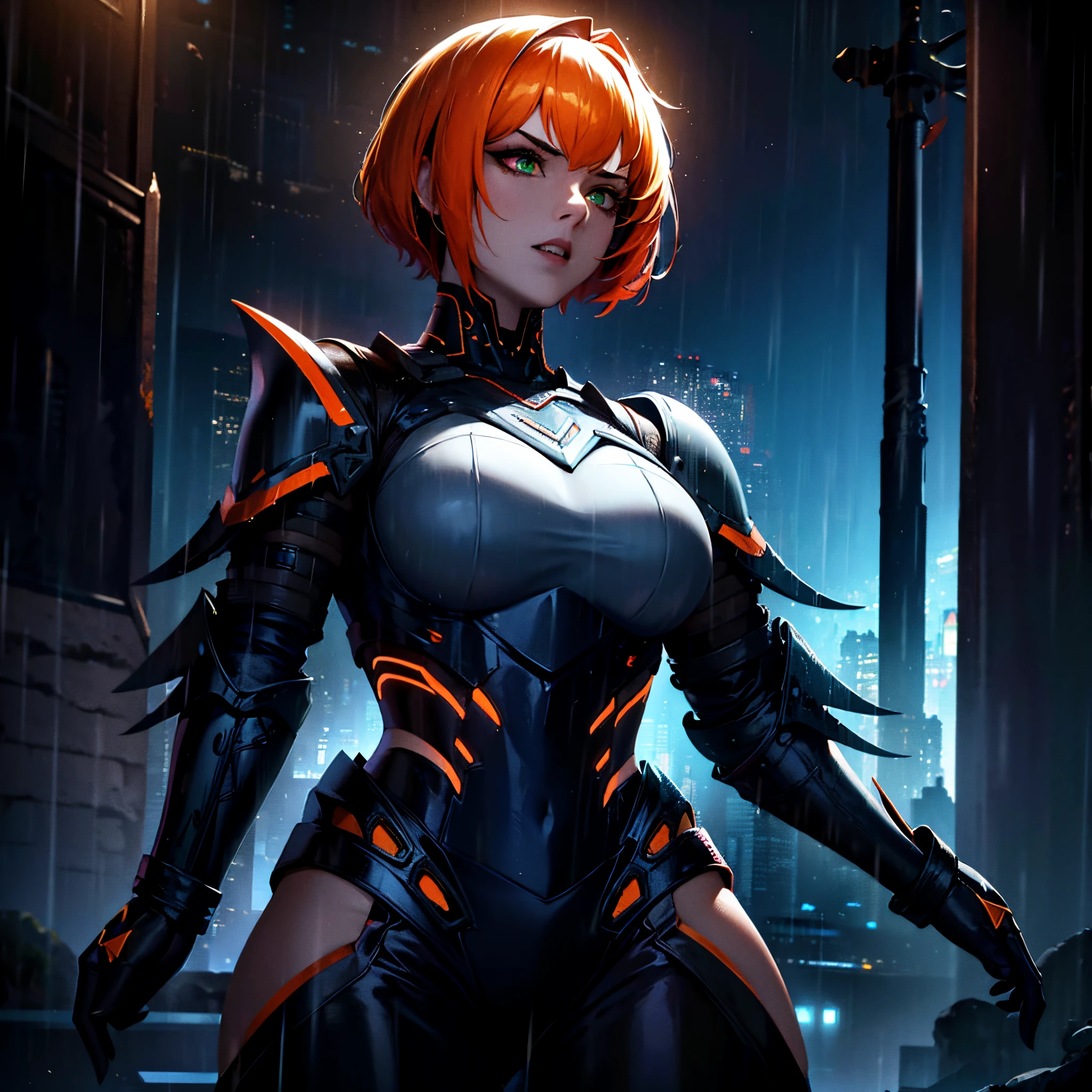 1 girl, solo, villain, light assault armour, black armour, green eyes, orange hair, short over the shoulders hair, sidebangs, hair between eyes, headband, silver emblem on armour, jagged_teeth, rainy night, cyberpunk ambience