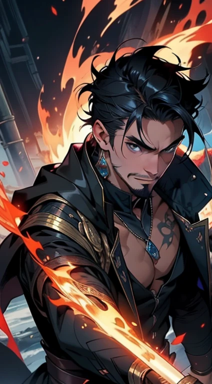 tmasterpiece, Best quality at best, The landscape, a gorgeous, Casters, s the perfect face,1人, mages, hooding, yuki, firey, Fire magic, black cloaths, Cold, mont, desolated, Alone, , badass, Mysterious Man, magia, magia, Dark, Scenic beauty, Goatee, fearsome, dynamicposes, Full of prunes, ssmile, closeup cleavage