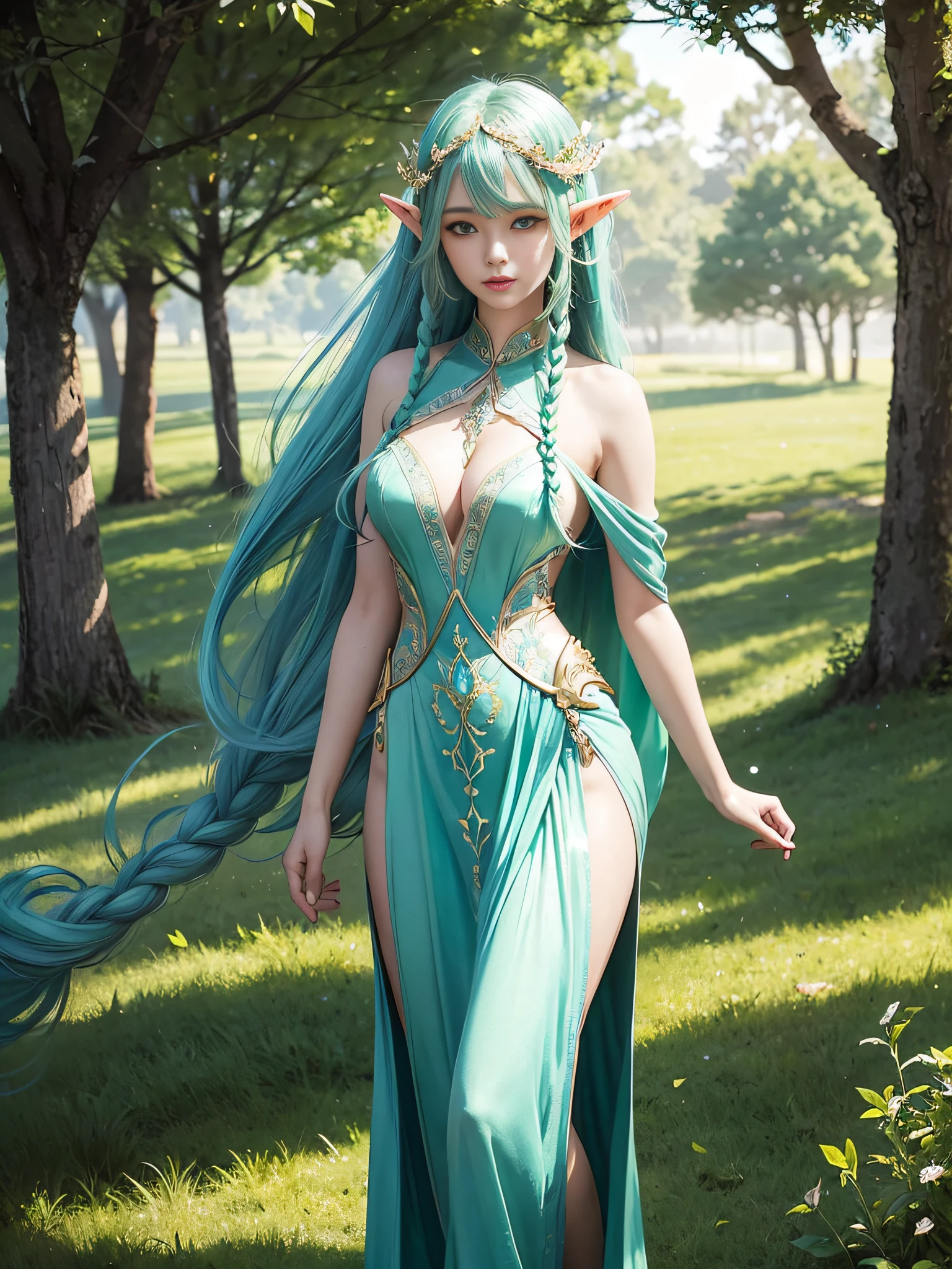 Graceful elven girl standing in meadow, Delicate face illuminated by the soft light of the setting sun. Her long, Flowing hair runs down your back, Decorated with intricate braids、Adorned with sparkling gemstones. This great photo 、、、It captures the ethereal beauty of elves. Slender figure in silk dress、Swaying in the soft steppe breeze. Attention to detail、Face that ace that ace that ace that 、It evident in the intricate patterns of the dress and the subtle highlights of the luminescence. skin. The breathtaking portrayal of the elven girl 、、、、、Create an enchanting atmosphere、It invites the viewer to a magical world. emerald green hair color and eye,