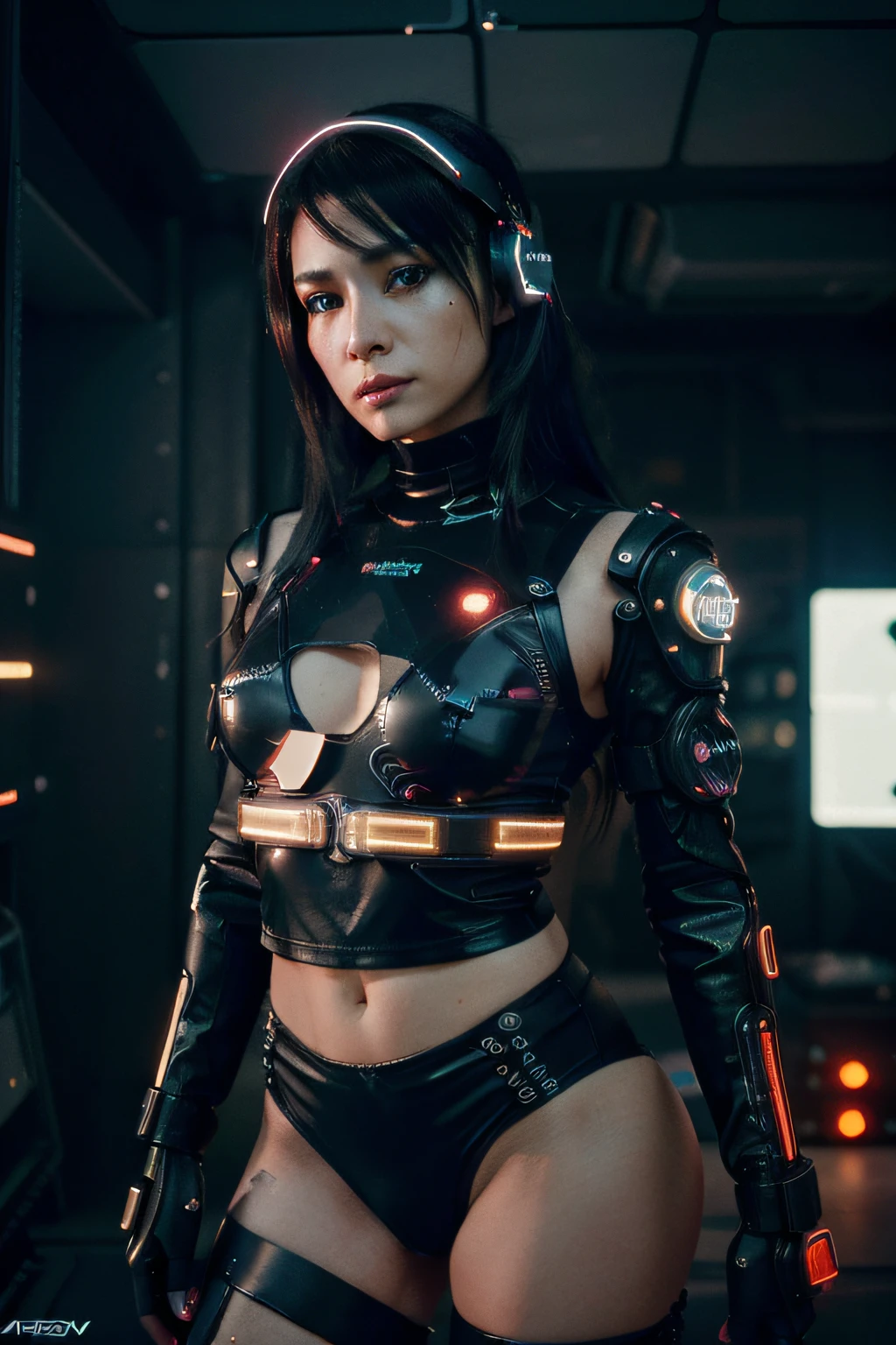 Sissy Raven cyberpunk (((Sissy Raven))) wearing a futuristic head mounted display, (finely detailed skin), (in a deep neckline highly detailed sexy futuristic cyberpunk black crop top and underpants made of circuit boards, cybernetics, japanese words with a flare effect, beautiful epic composition, futuristic, masterpiece, sensual, appealing, posing for a photo, photography, 4K, UHD, realistic
