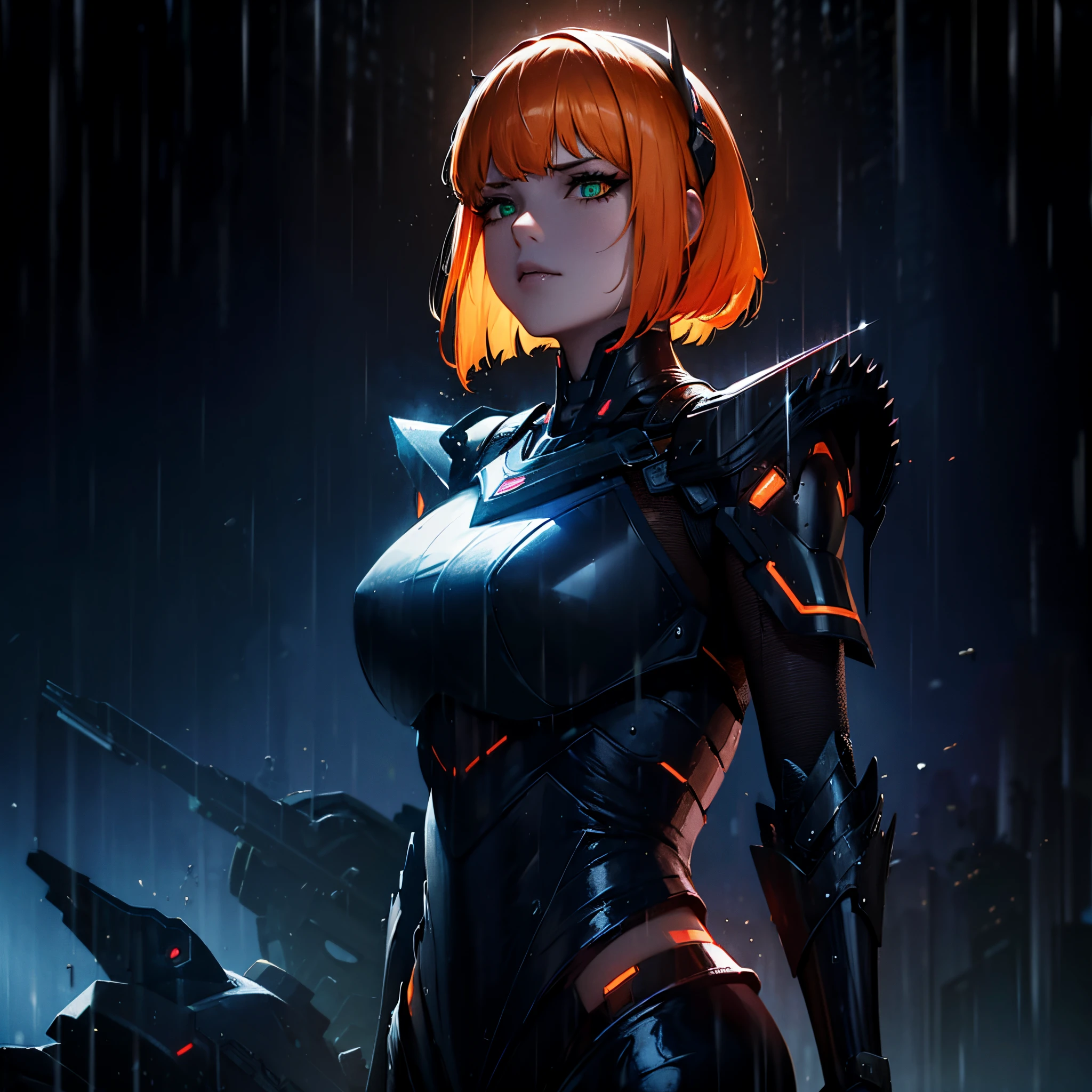 1 girl, solo, villain, light assault armour, black armour, green eyes, orange hair, short over the shoulders hair, sidebangs, hair between eyes, headband, silver emblem on armour, jagged_teeth, rainy night, cyberpunk ambience