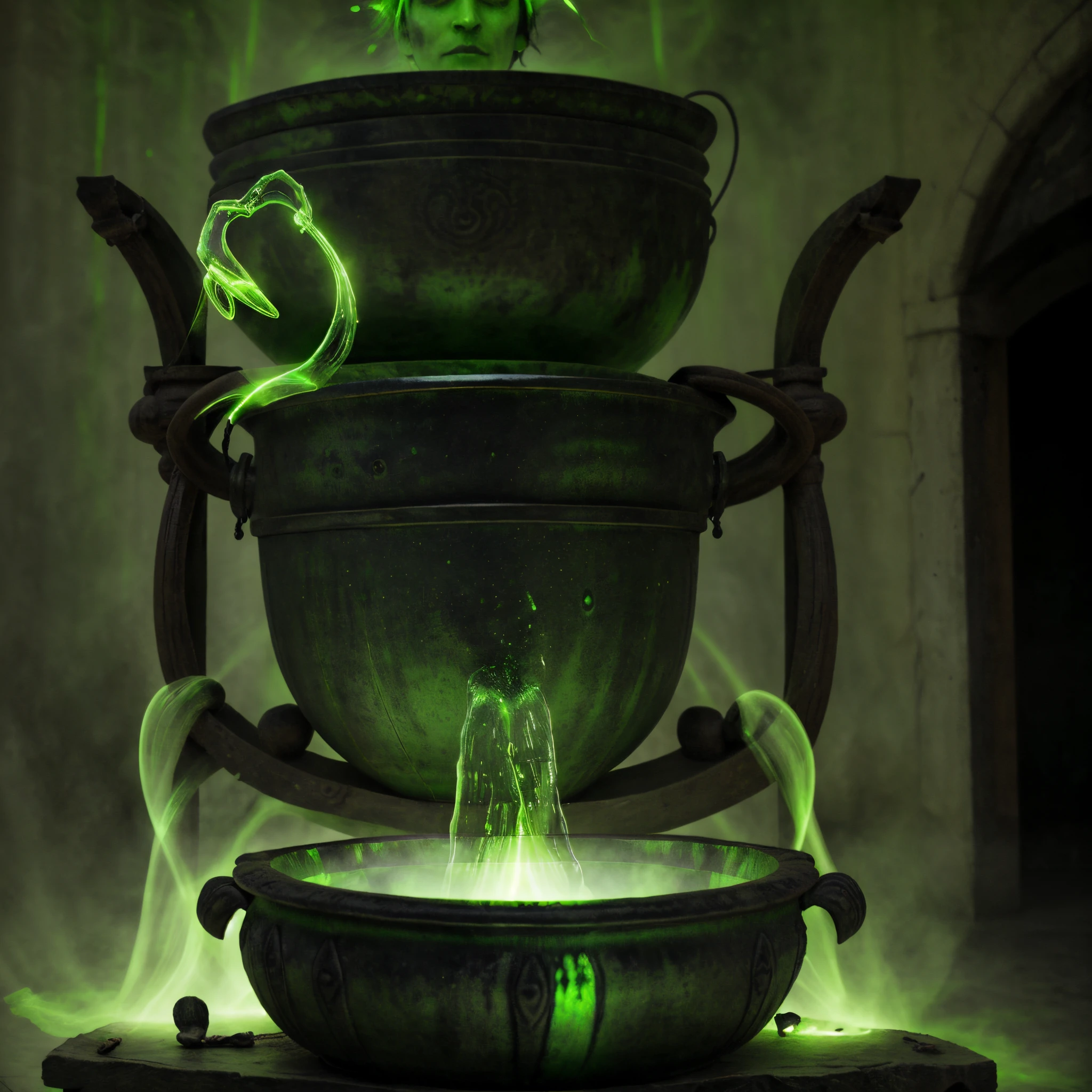 green glowing aura, in big cauldron on table