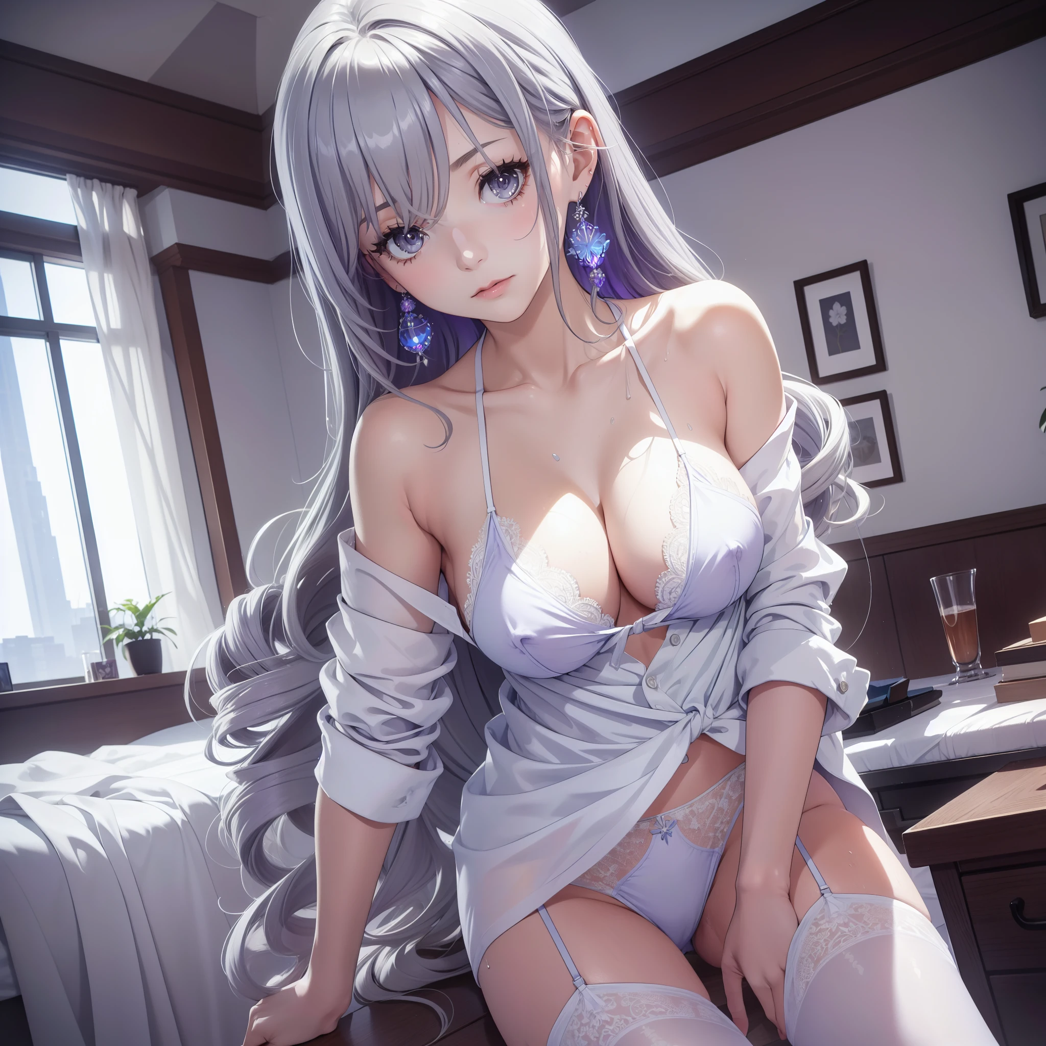 Masterpiece, best quality, highres, highly detailed, 1 girl, long hair, silver hair, gray eyes, pair purple and blue earrings, large breast, unbottened white shirt, white lace panties, she wet, nipple perked out from under shirt, indoor, bedroom background, looking at viewers