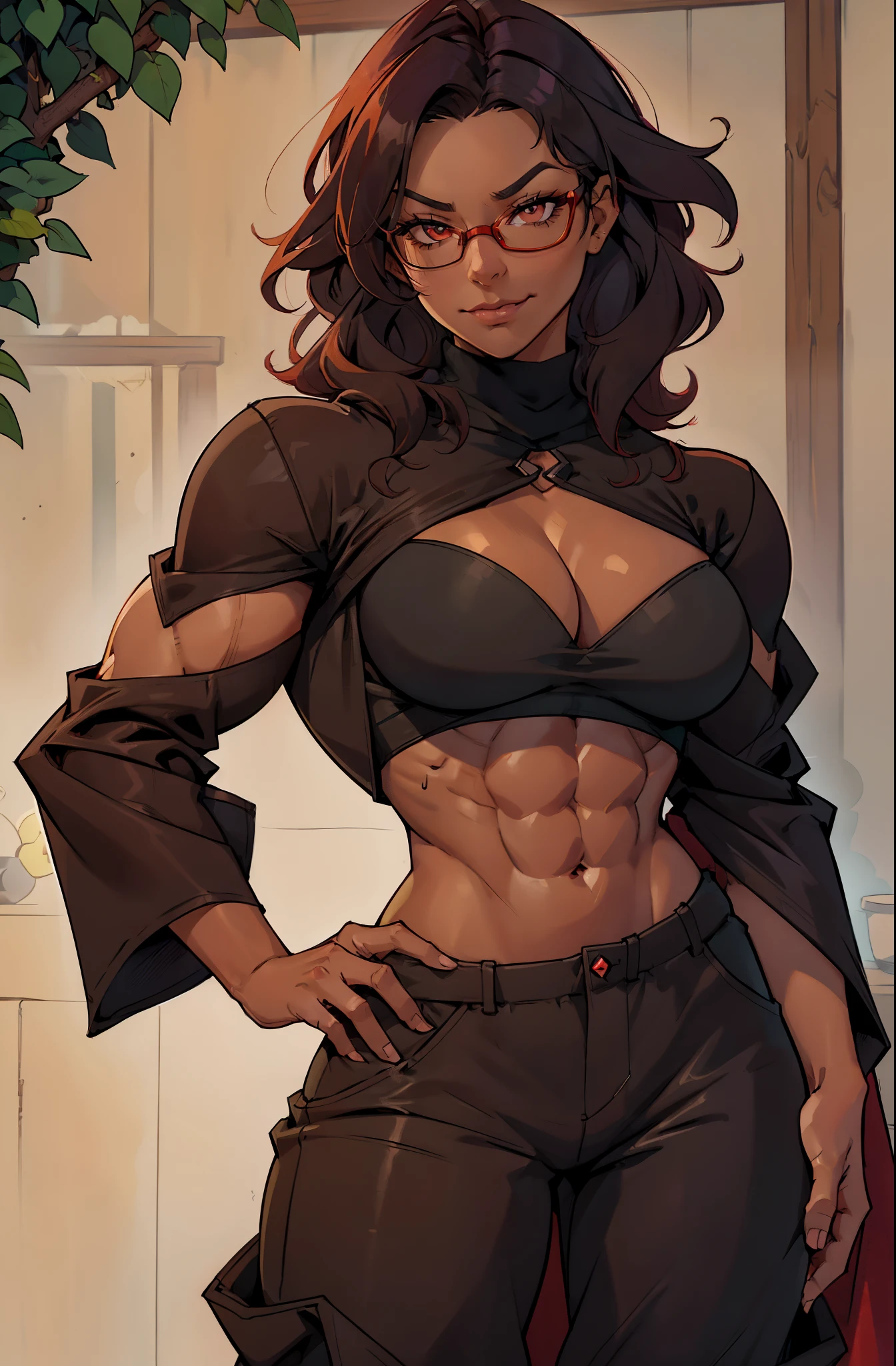 Solo, female, black turtleneck tunic, fantasy outfit, forest, short plum colored hair, wavy hair, messy hair, (dark tan skin), glasses, (cropped chocolate cloak), athletic, slightmuscle, slightly muscular, ((baggy pants)), smirking slightly, red eyes, cleavage, abs, cat tail, cat ears