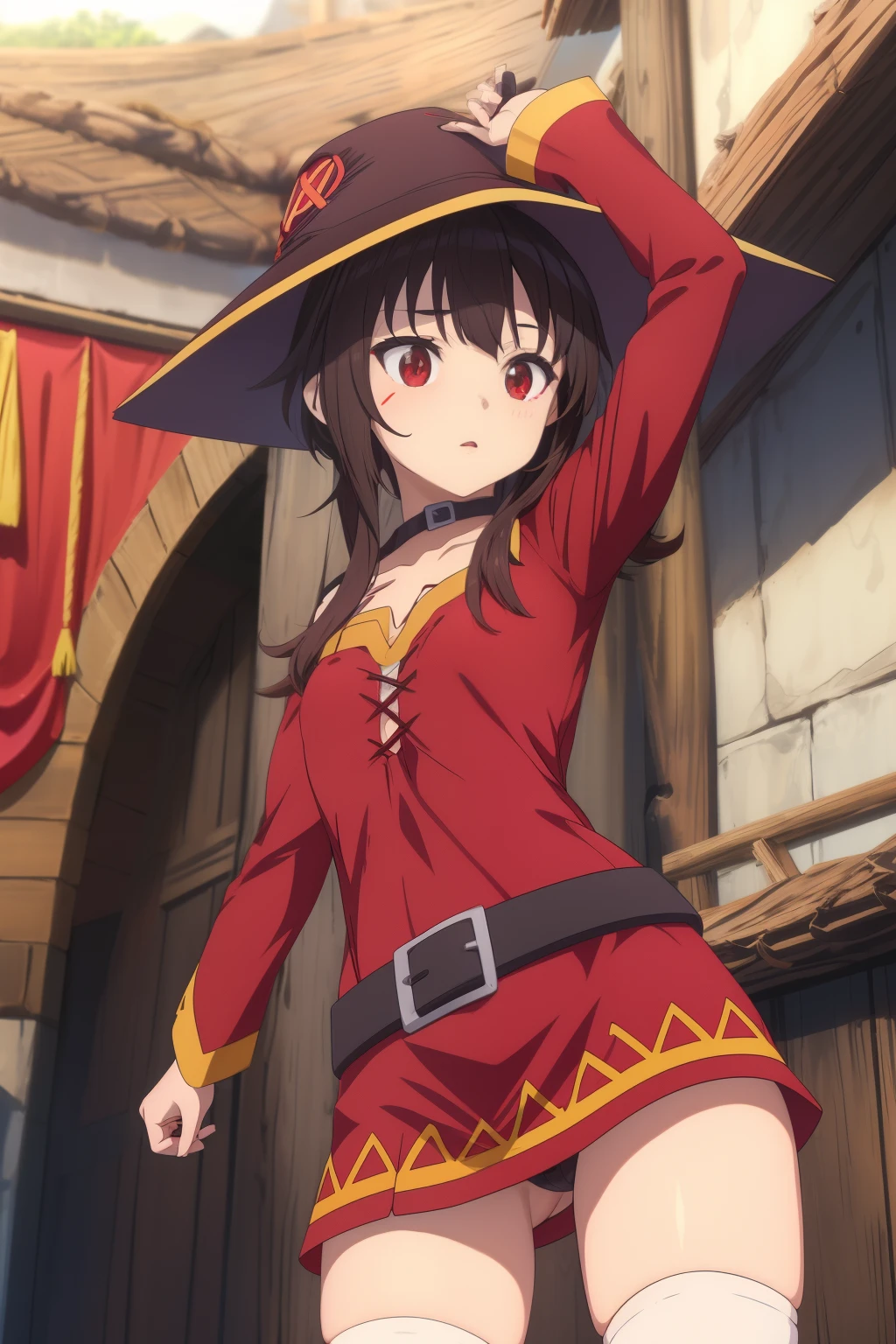 Megumin,1 girl,Lori,small  boobs,ojos rojos,Bloqueos laterales largos,brown hair,pelo corto,sentado en,QUEBRAR (Obra maestraMejor calidad,Perfect anatomy,Manos perfectas,extremidad perjecta,Detalles altos),